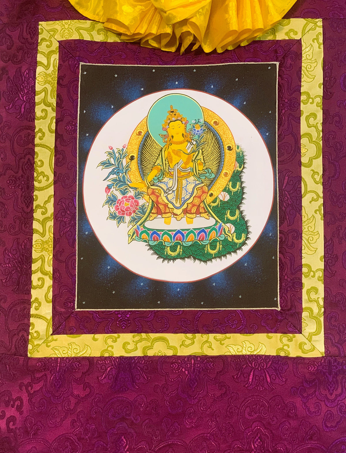 Maitreya Buddha/ Future Buddha Tibetan Thangka Painting Original Art Bordered with Silk