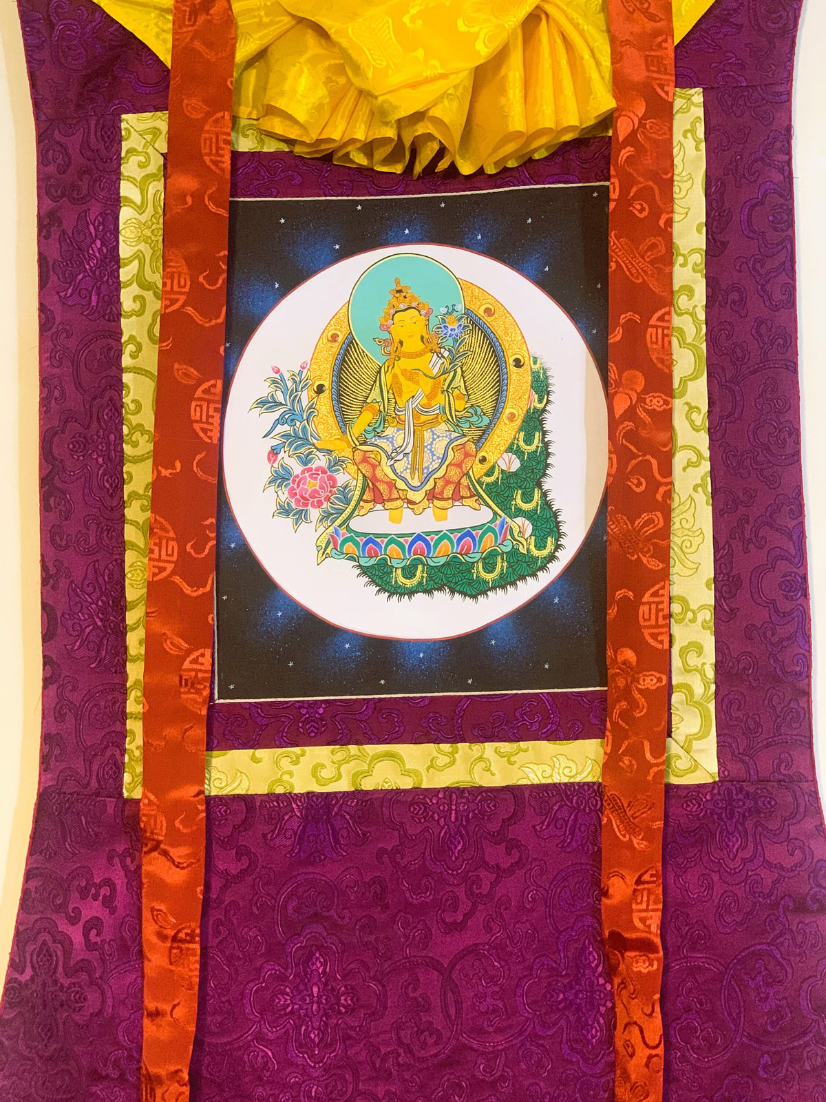 Maitreya Buddha/ Future Buddha Tibetan Thangka Painting Original Art Bordered with Silk