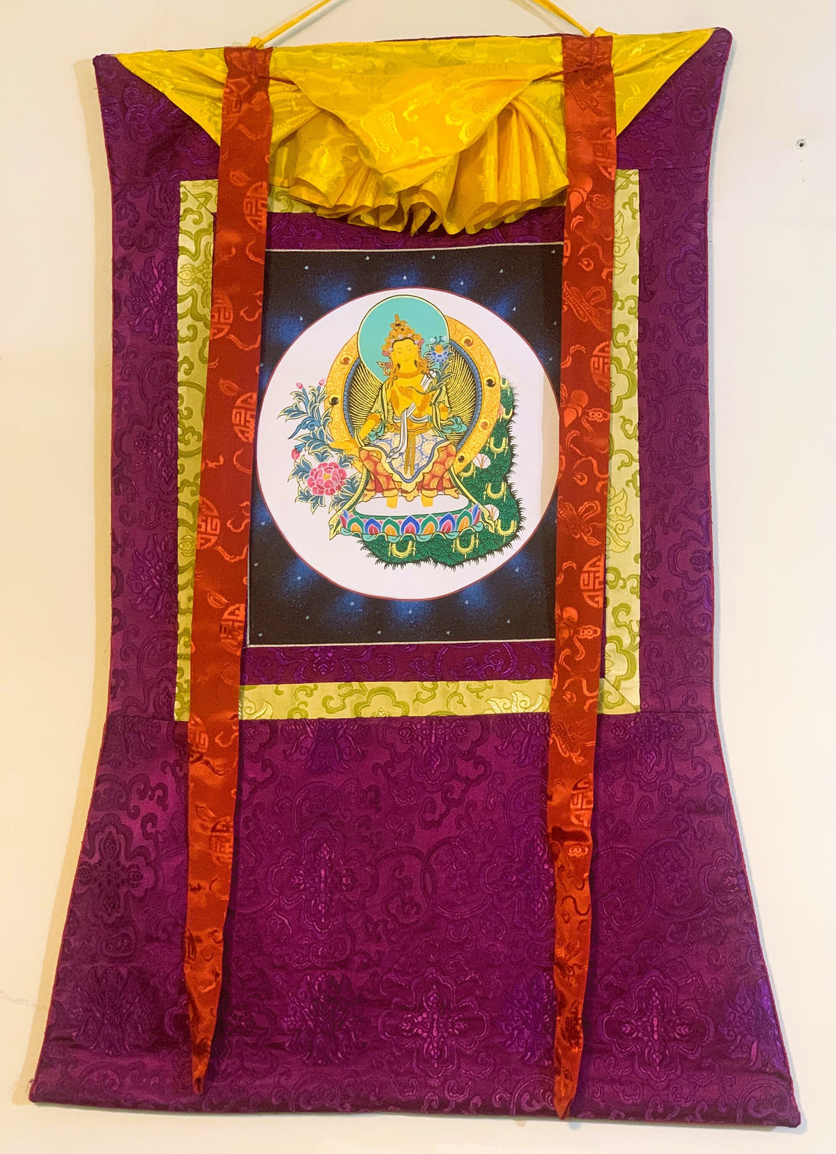 Maitreya Buddha/ Future Buddha Tibetan Thangka Painting Original Art Bordered with Silk