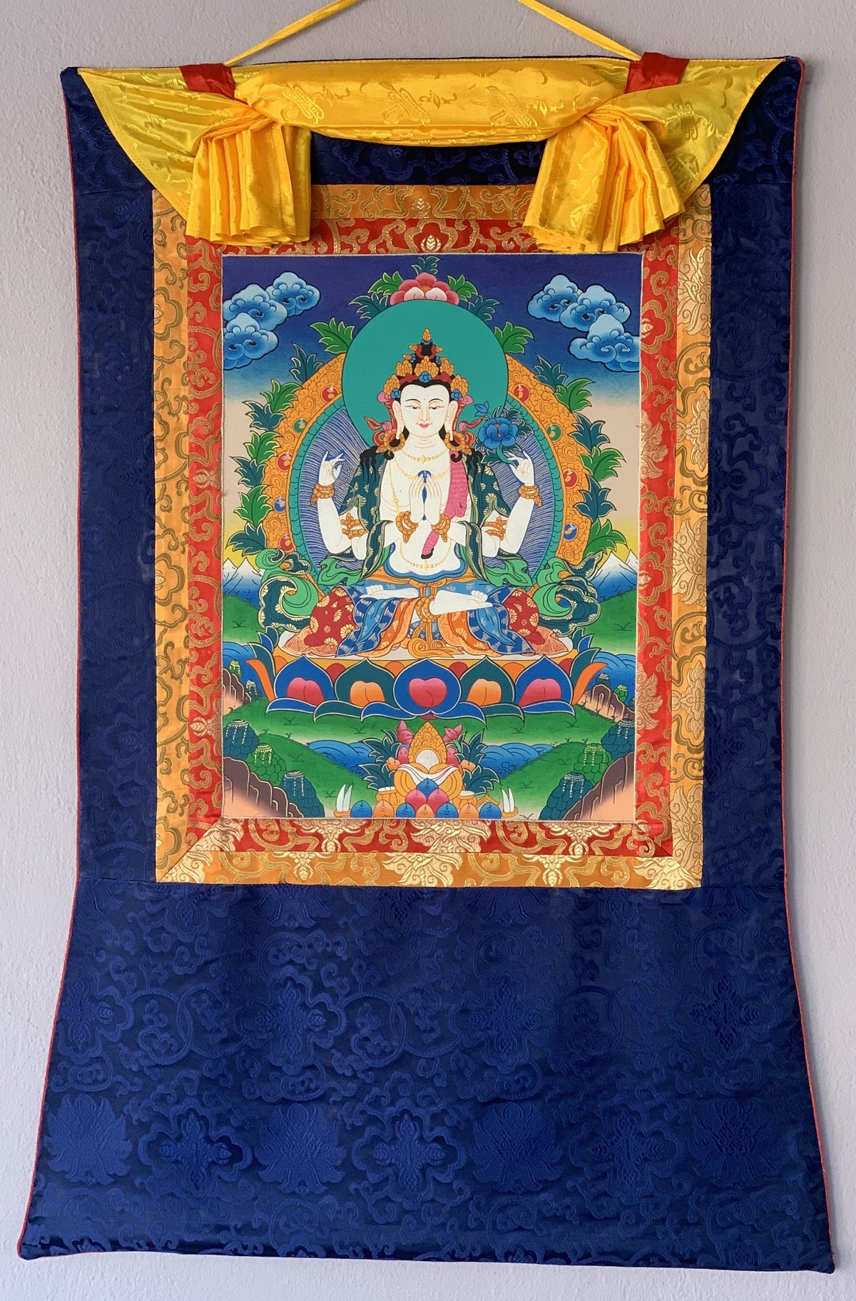 Chyangresi Chenrezig Thangka Painting with Silk Brocade (28x44 Inches)