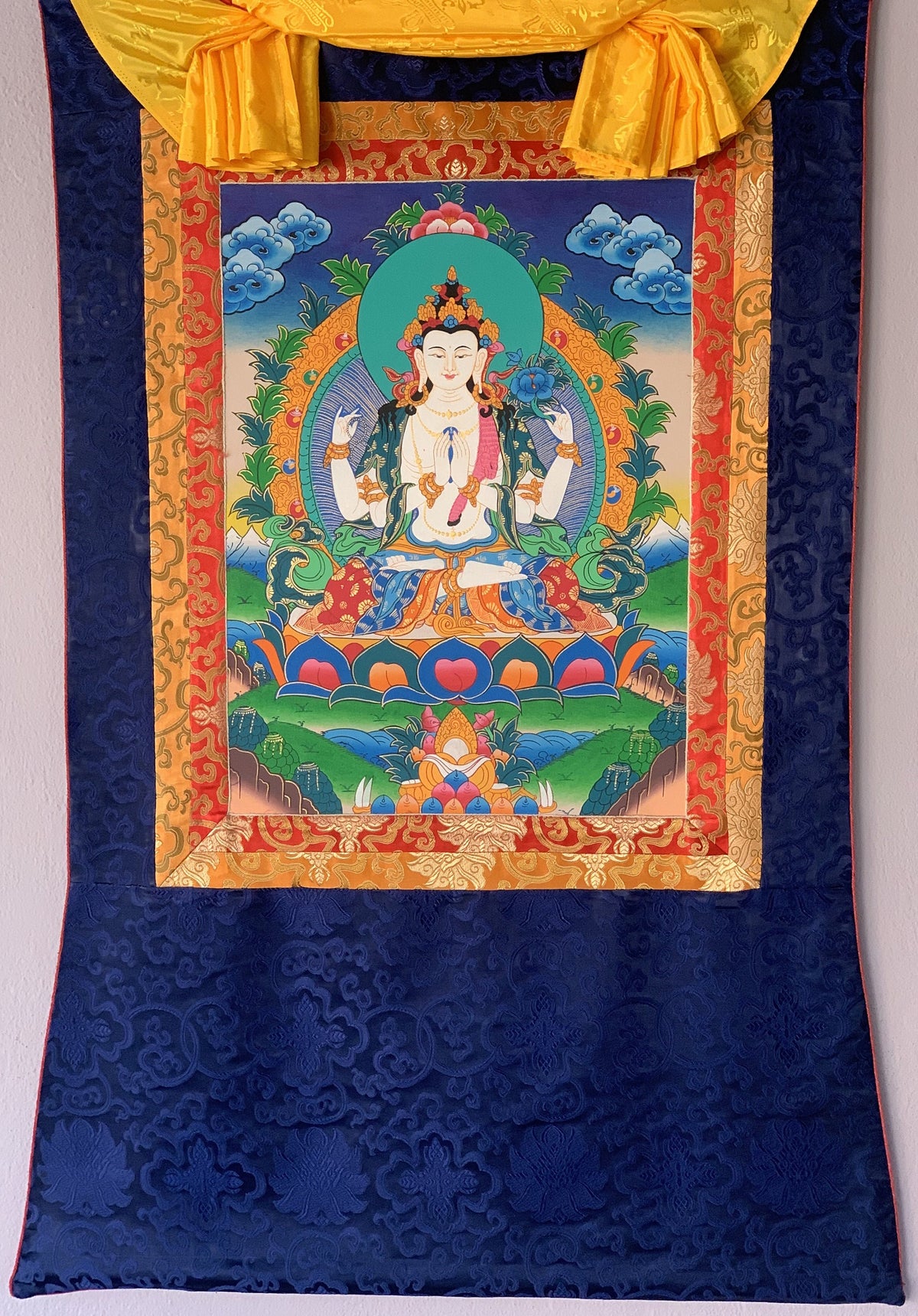 Chyangresi Chenrezig Thangka Painting with Silk Brocade (28x44 Inches)