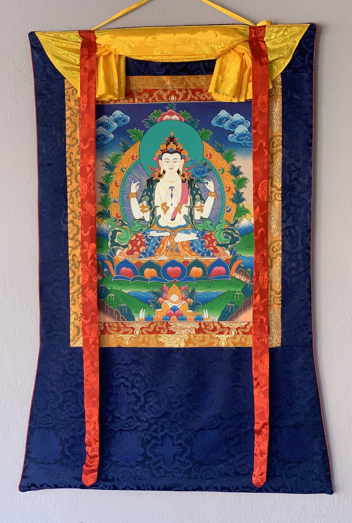 Chyangresi Chenrezig Thangka Painting with Silk Brocade (28x44 Inches)