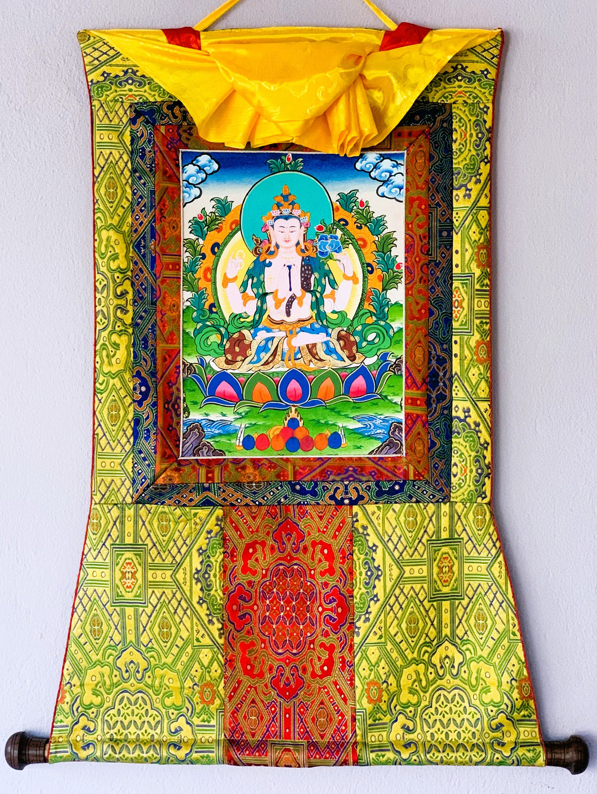 Chenrezig Thangka Painting with Silk Brocade, Tibetan Art