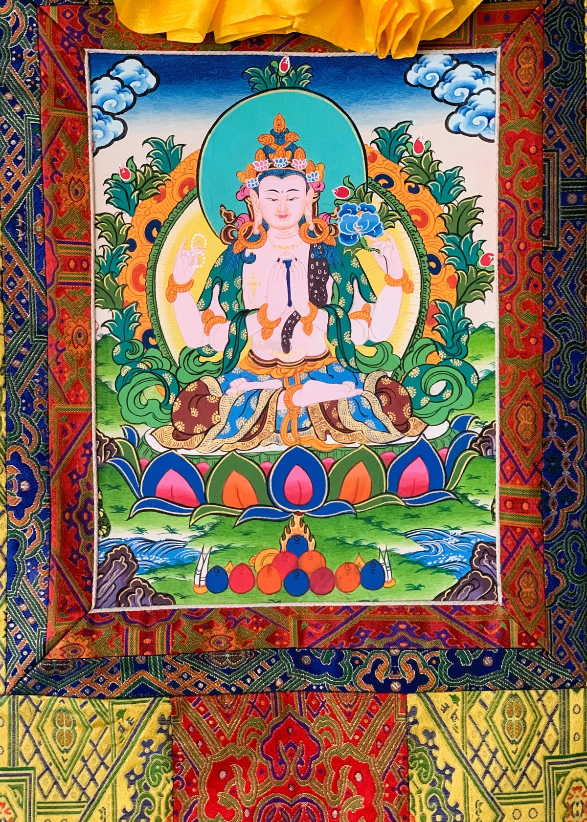 Chenrezig Thangka Painting with Silk Brocade, Tibetan Art