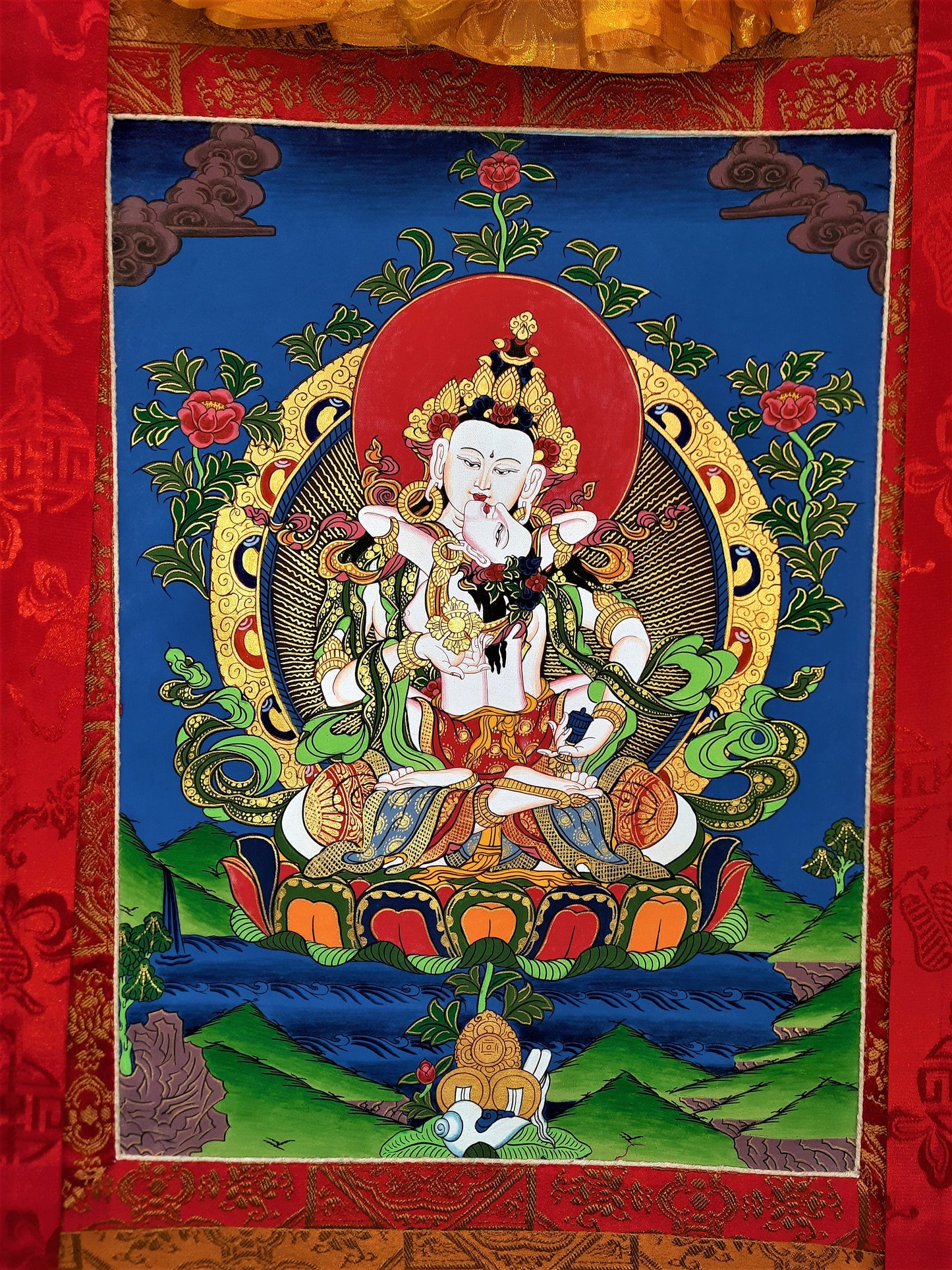 Hand-Painted Vajrasattva Shakti Thangka Painting, Silk Brocade Frame