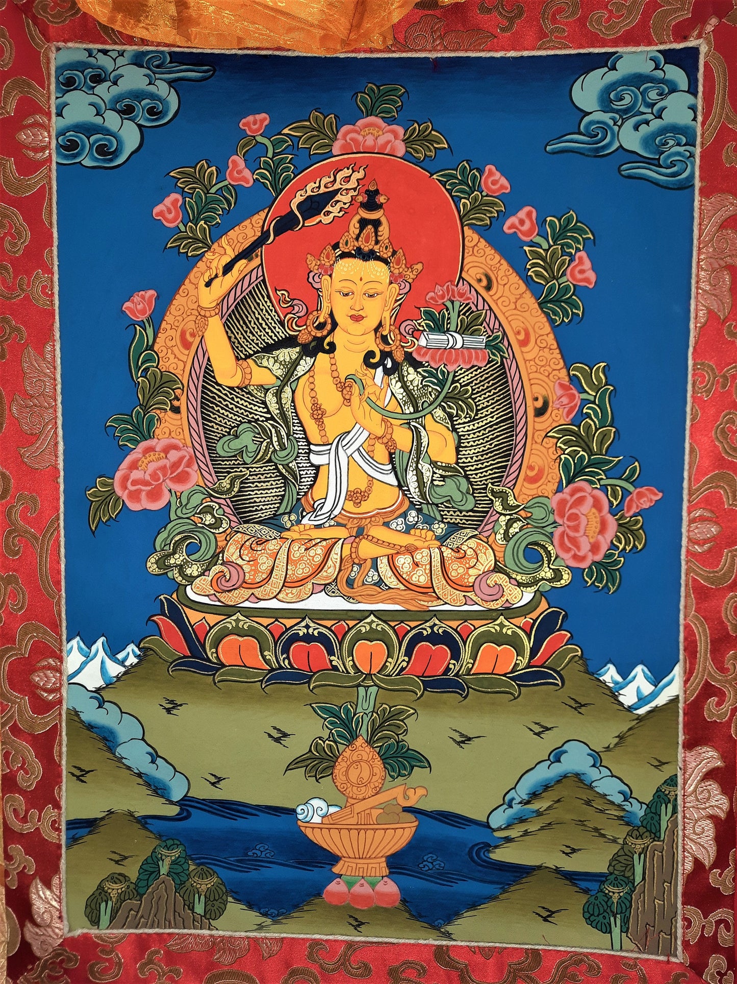 Hand-Painted Manjushri Thangka – Tibetan God of Wisdom, Silk Framed