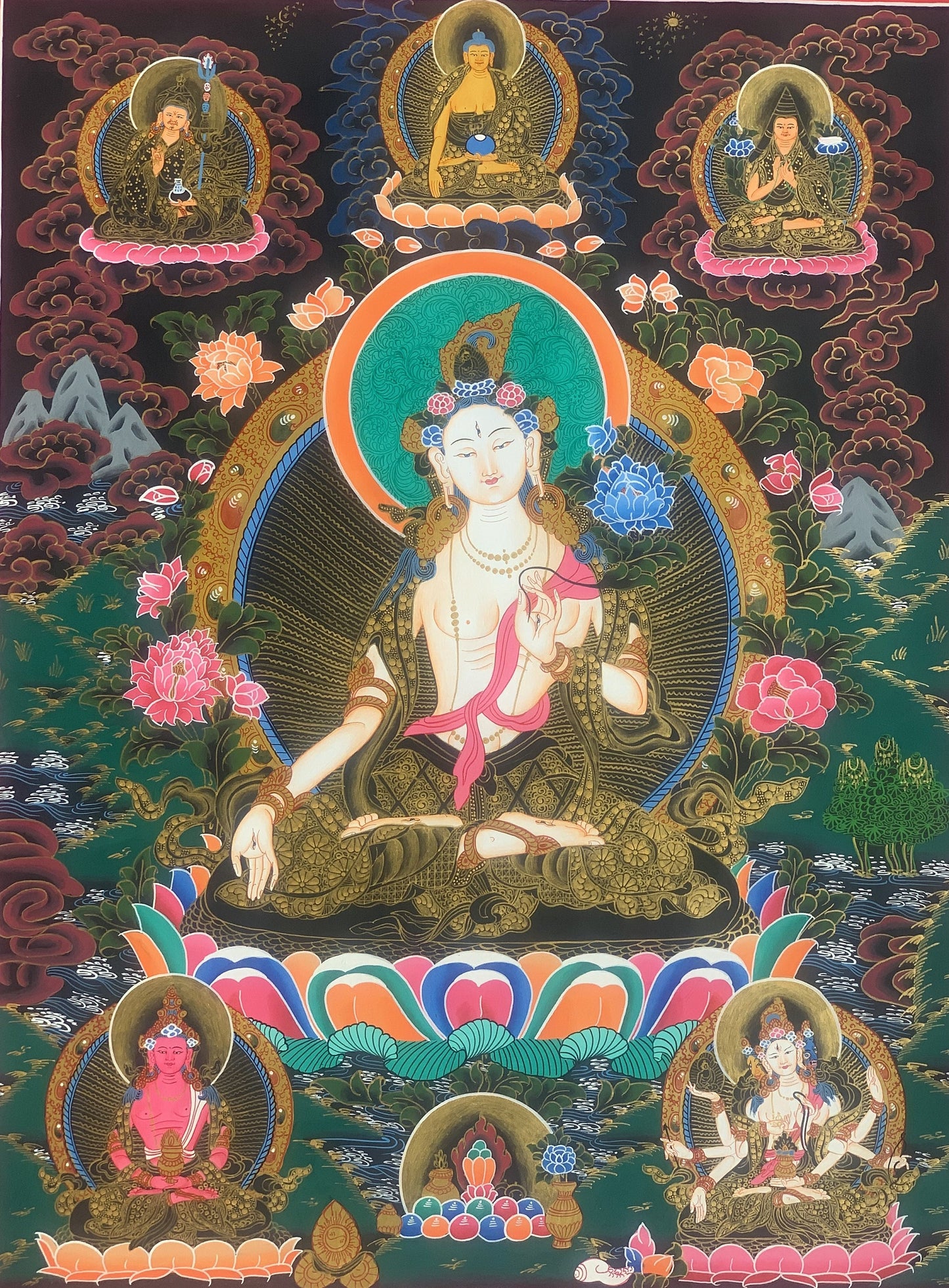 Hand-Painted White Tara Thangka: Compassion Meditation Art from Nepal