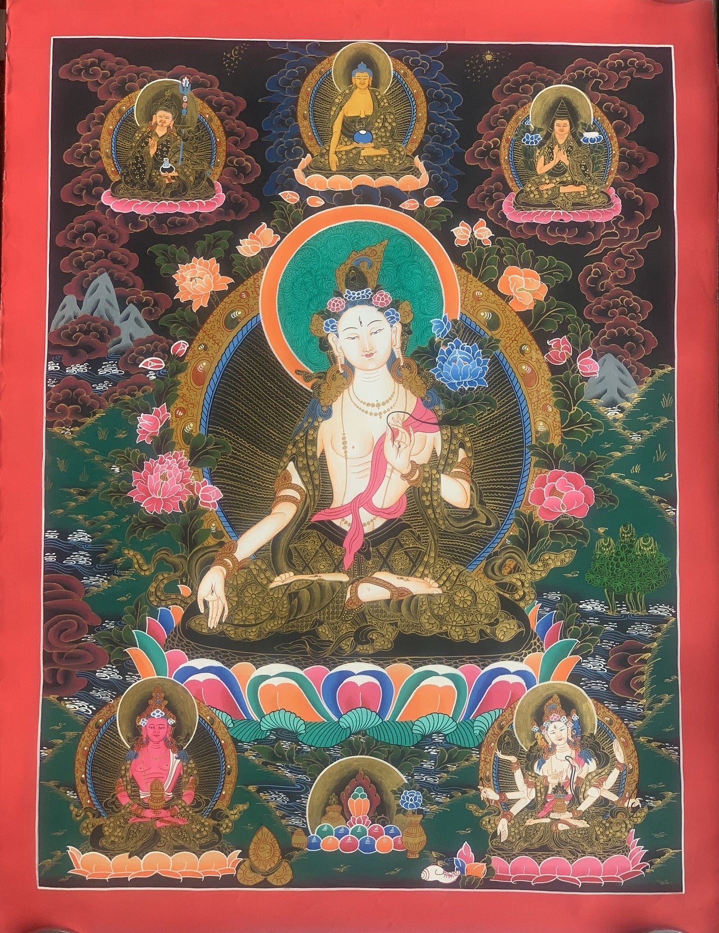 Hand-Painted White Tara Thangka: Compassion Meditation Art from Nepal
