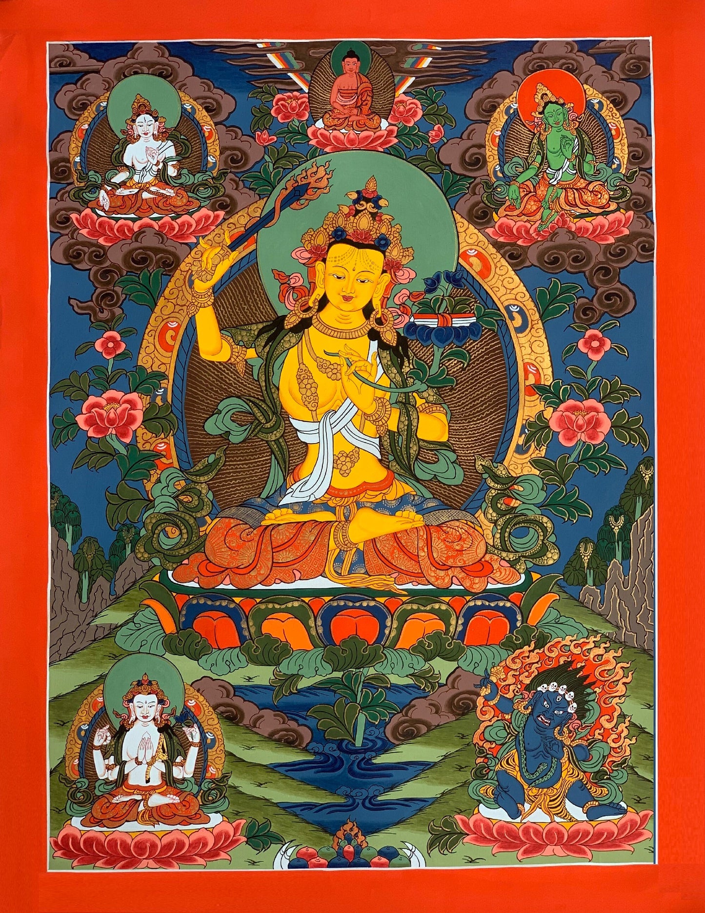 Manjushri Thangka Painting | Tibetan God of Wisdom | Hand-Painted Buddhist Art | Silk Brocade Available