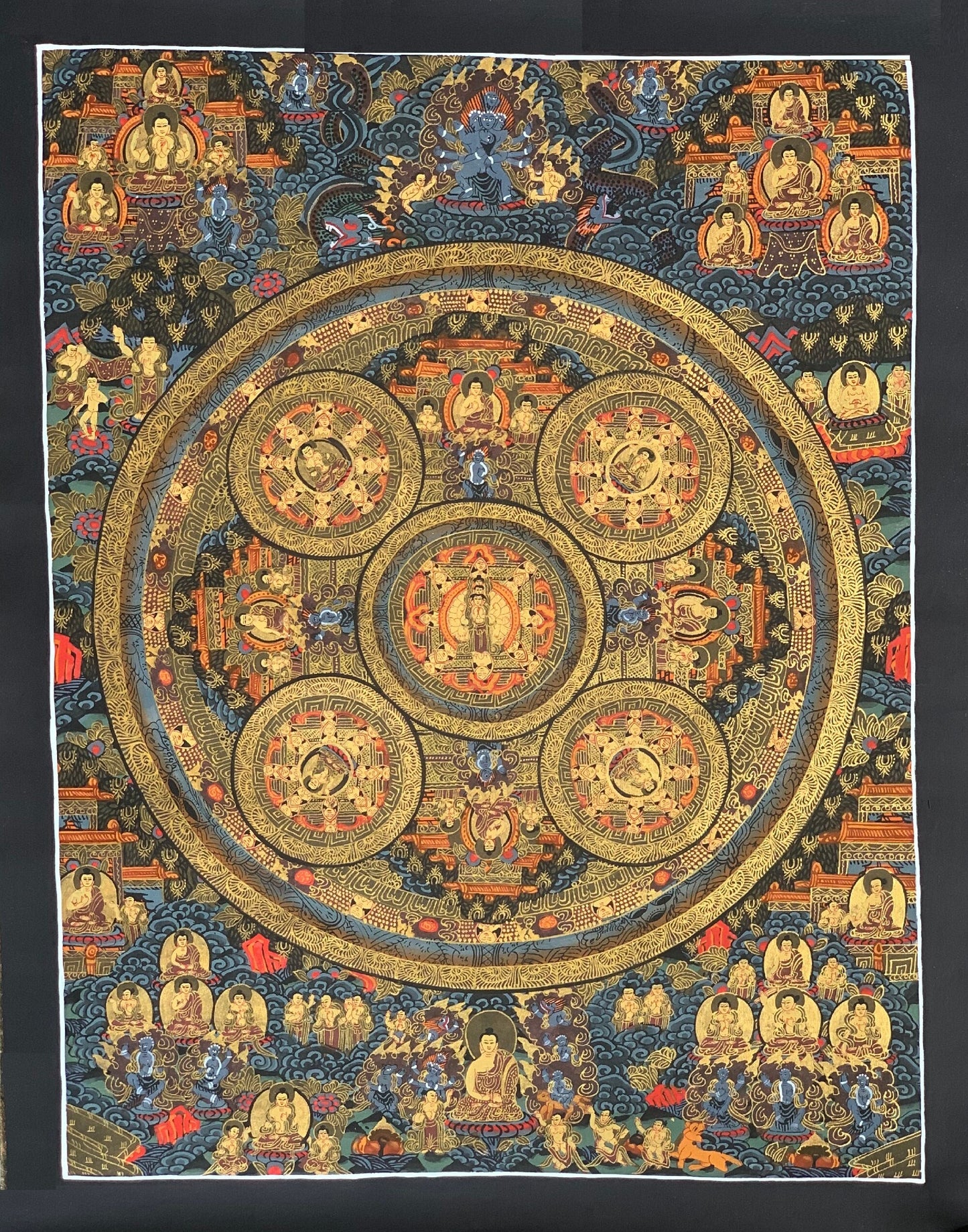 Original Hand-painted 5 Buddha Pancha Buddha AVALOKITESHVARA Mandala Tibetan Thangka Painting/ Meditation Wall Hanging