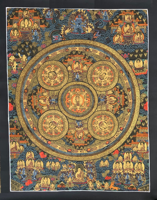 Original Hand-painted 5 Buddha Pancha Buddha AVALOKITESHVARA Mandala Tibetan Thangka Painting/ Meditation Wall Hanging