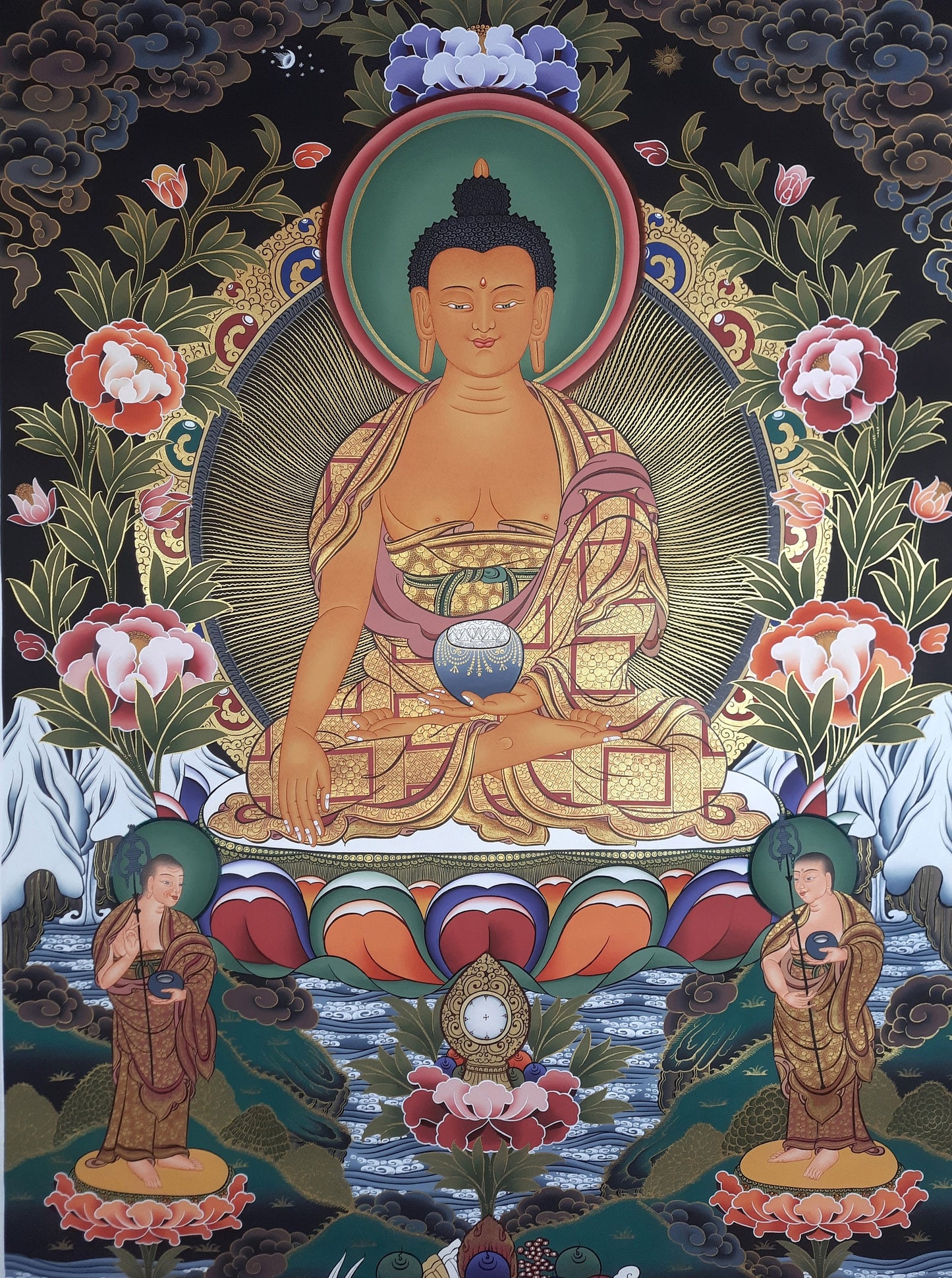Hand-Painted Shakyamuni Buddha Large Thangka with Disciples, Tibetan Art