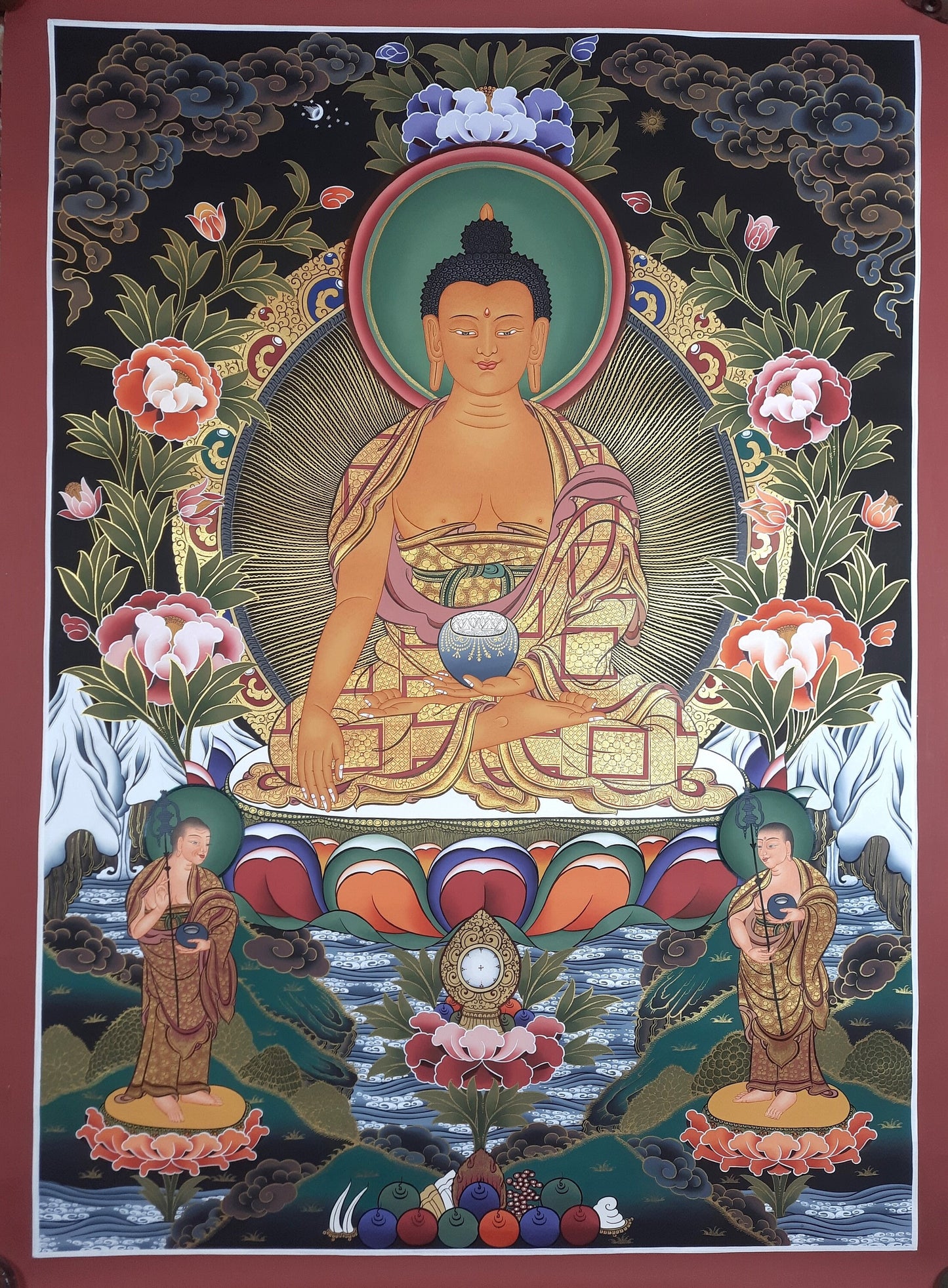 Hand-Painted Shakyamuni Buddha Large Thangka with Disciples, Tibetan Art