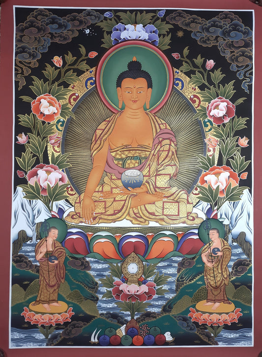 Hand-Painted Shakyamuni Buddha Large Thangka with Disciples, Tibetan Art