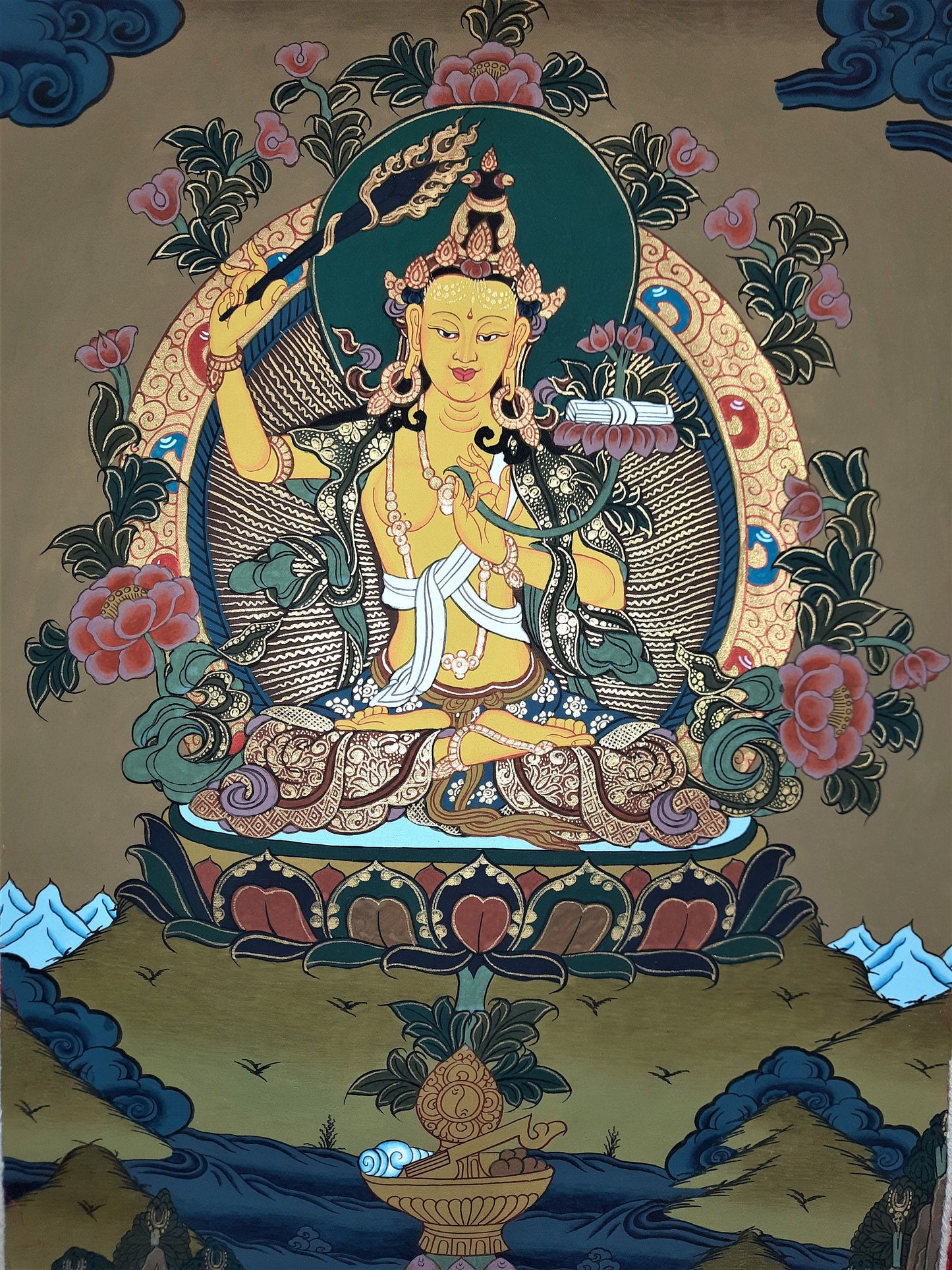 Hand-Painted Manjushri Thangka Painting on Cotton with Silk Brocade