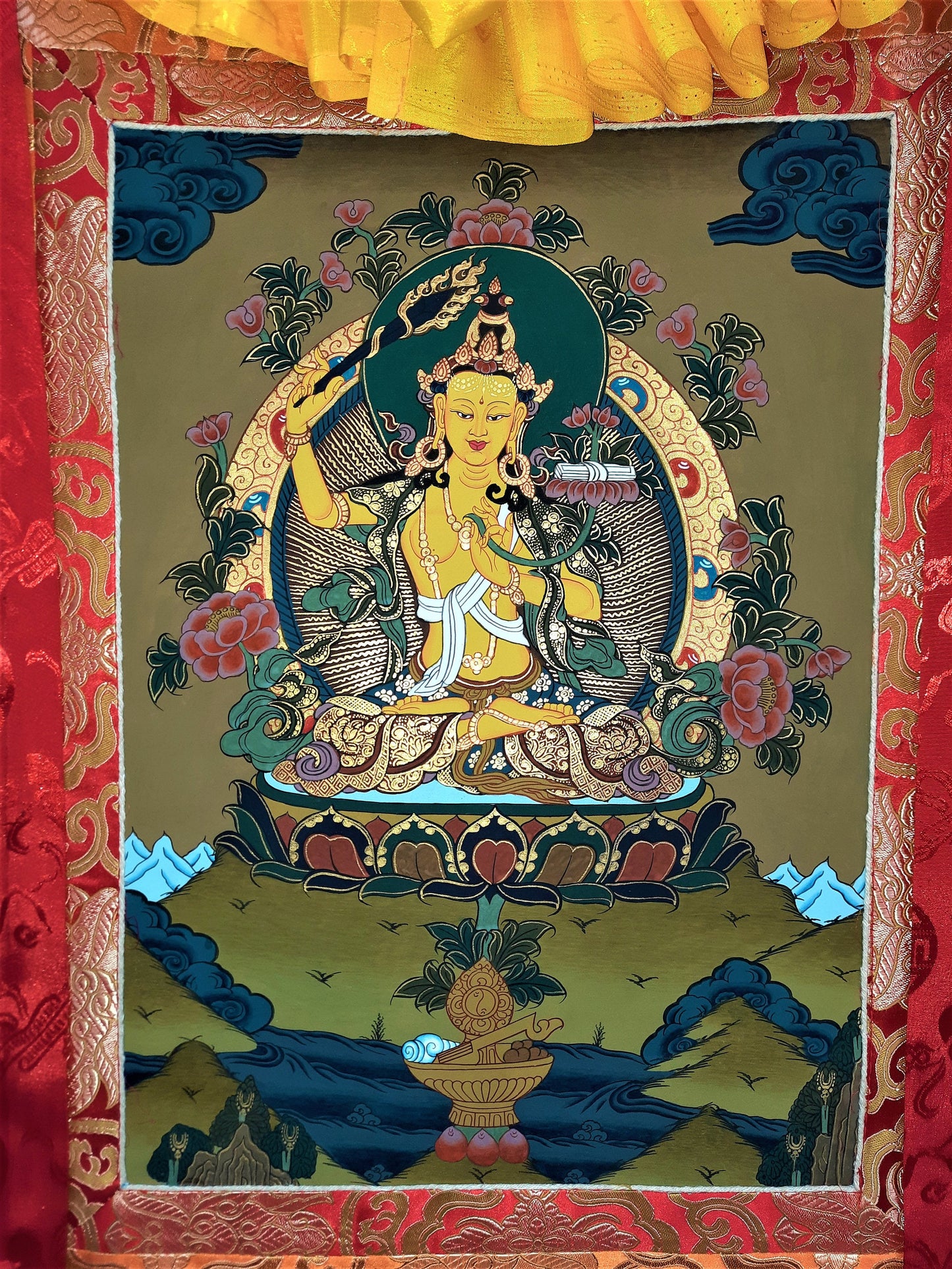 Hand-Painted Manjushri Thangka Painting on Cotton with Silk Brocade