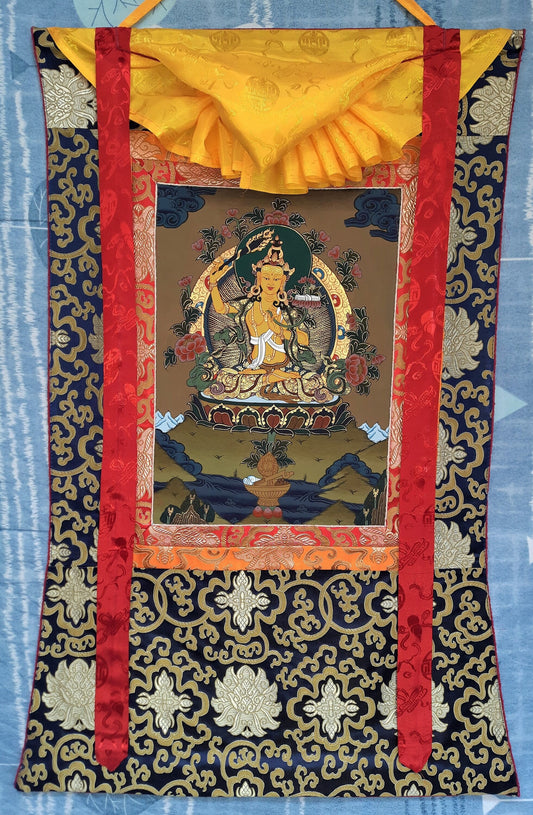 Hand-Painted Manjushri Thangka Painting on Cotton with Silk Brocade
