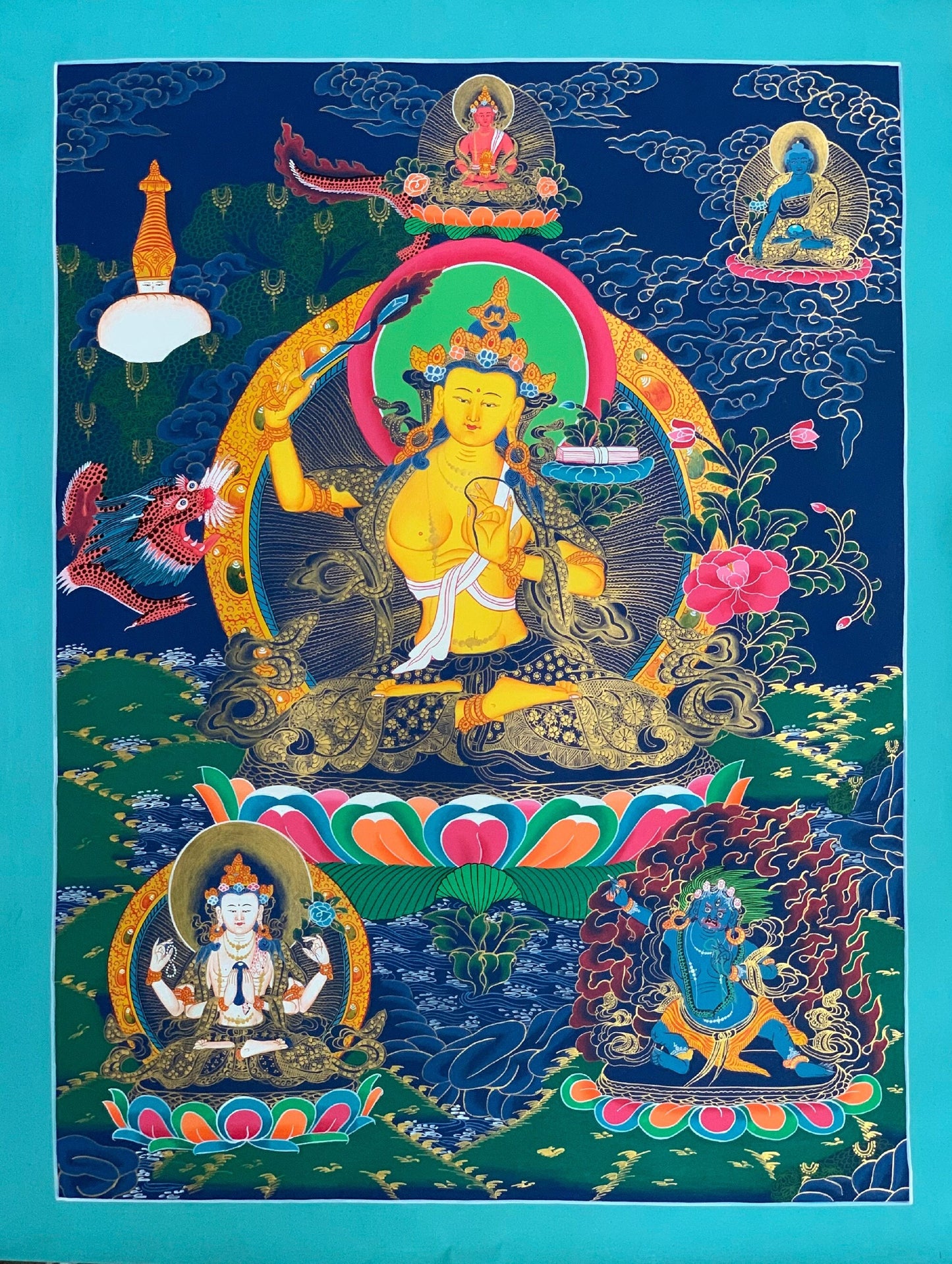 Hand-Painted Manjushri Thangka | Tibetan Buddhist Art, Silk Brocade