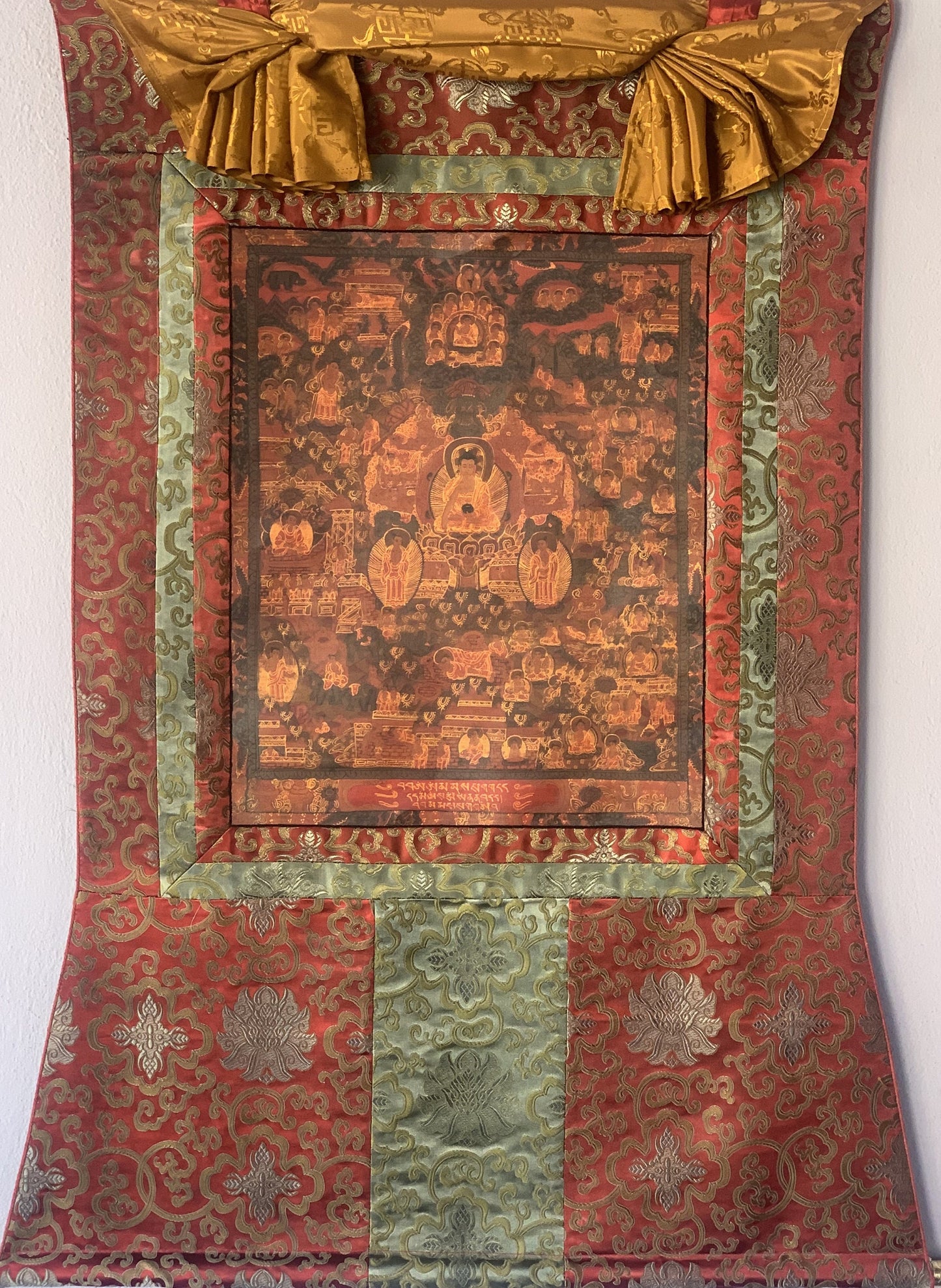 Life of Buddha Tibetan Thangka Painting | Hand Painted Oil-Varnished Mandala Art with Silk Brocade