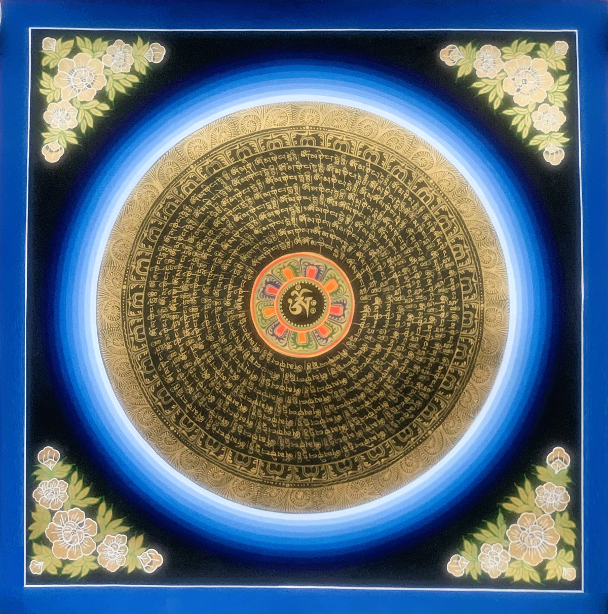 Hand Painted Rainbow Mantra Mandala Wheel of Time Black and Gold Tibetan Thangka Painting  Original Art/Wall Hanging
