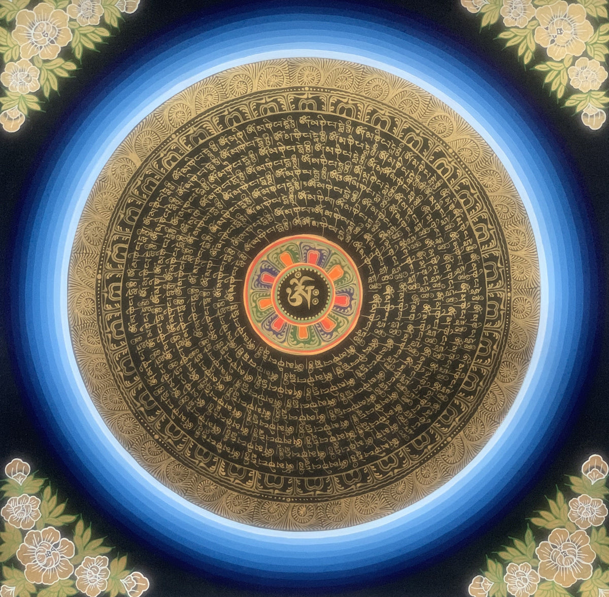 Hand Painted Rainbow Mantra Mandala Wheel of Time Black and Gold Tibetan Thangka Painting  Original Art/Wall Hanging