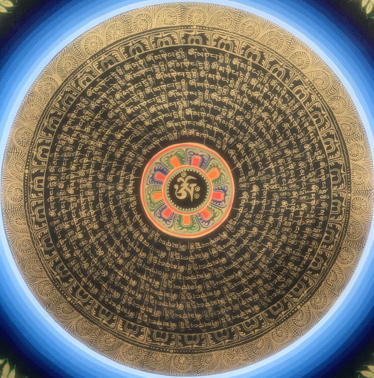 Hand Painted Rainbow Mantra Mandala Wheel of Time Black and Gold Tibetan Thangka Painting  Original Art/Wall Hanging