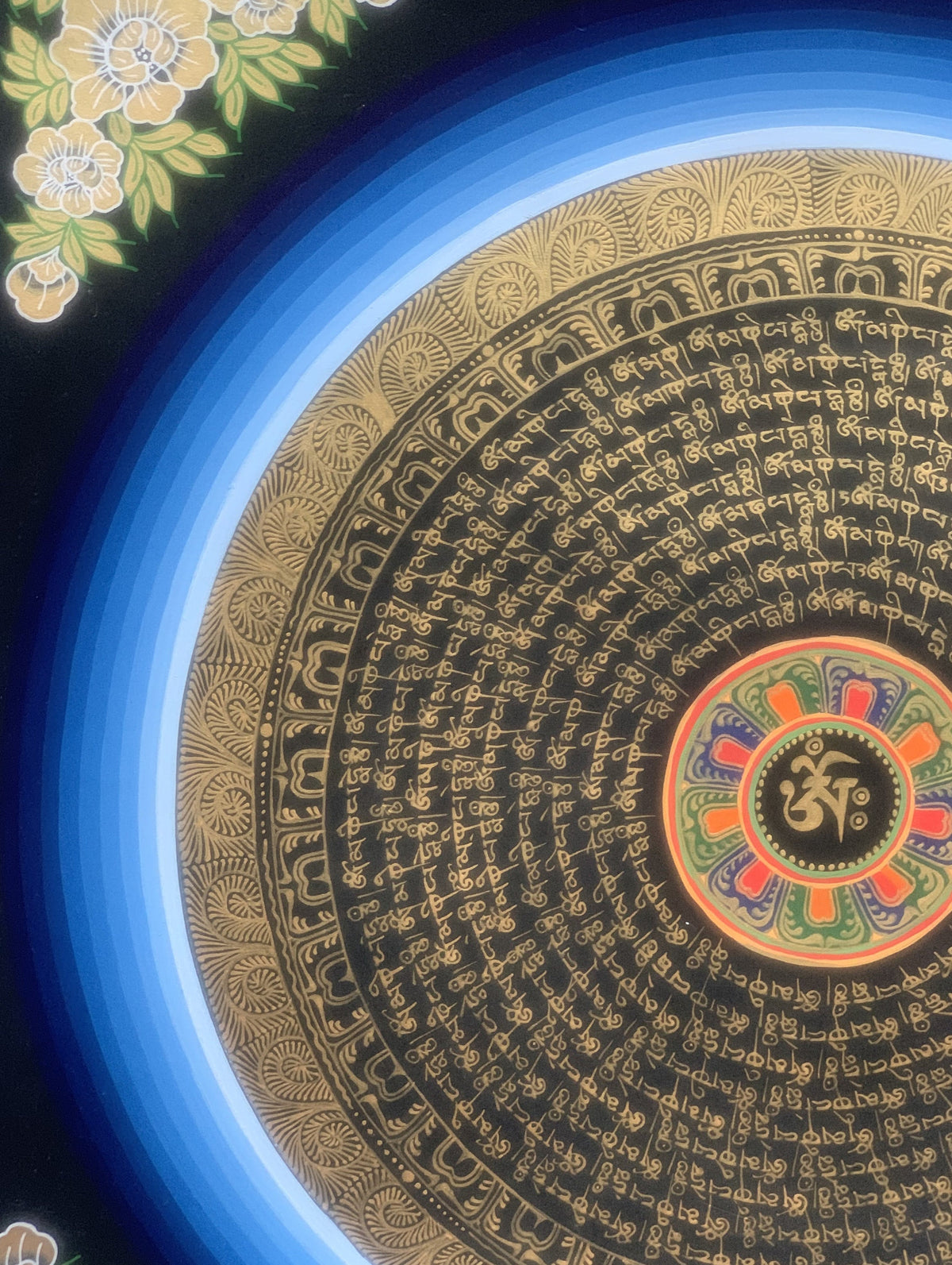 Hand Painted Rainbow Mantra Mandala Wheel of Time Black and Gold Tibetan Thangka Painting  Original Art/Wall Hanging
