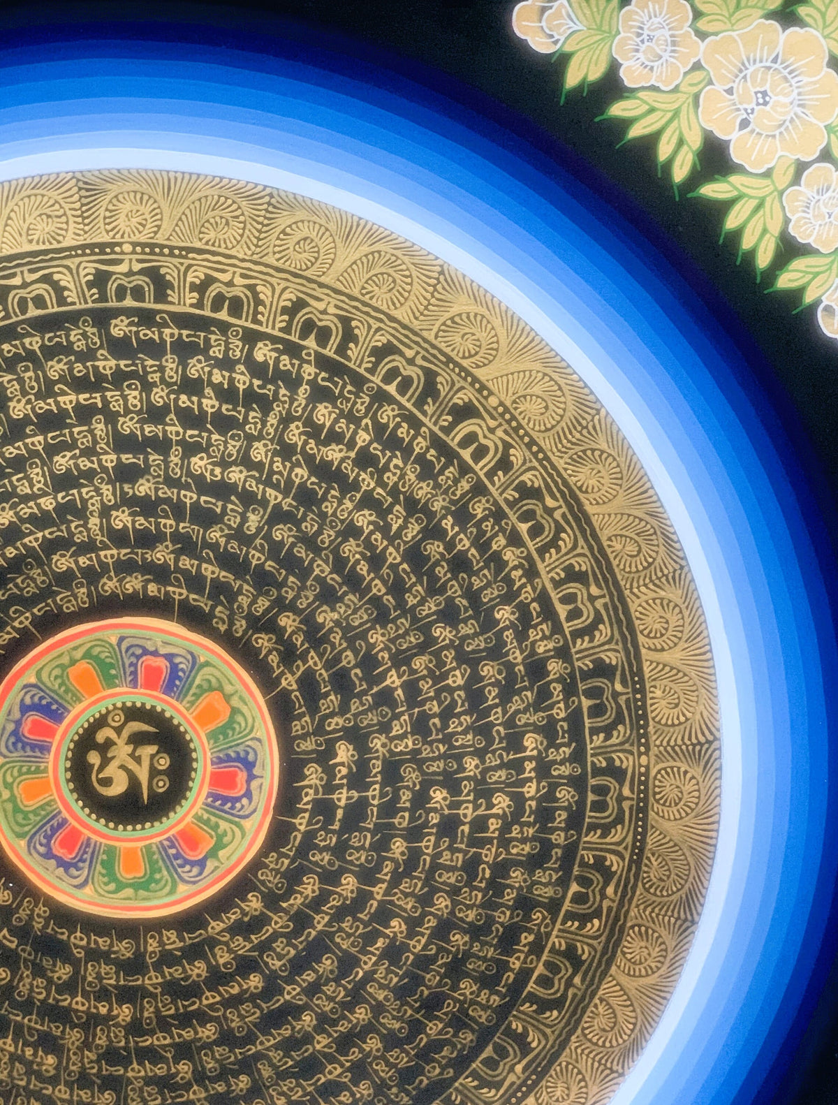 Hand Painted Rainbow Mantra Mandala Wheel of Time Black and Gold Tibetan Thangka Painting  Original Art/Wall Hanging