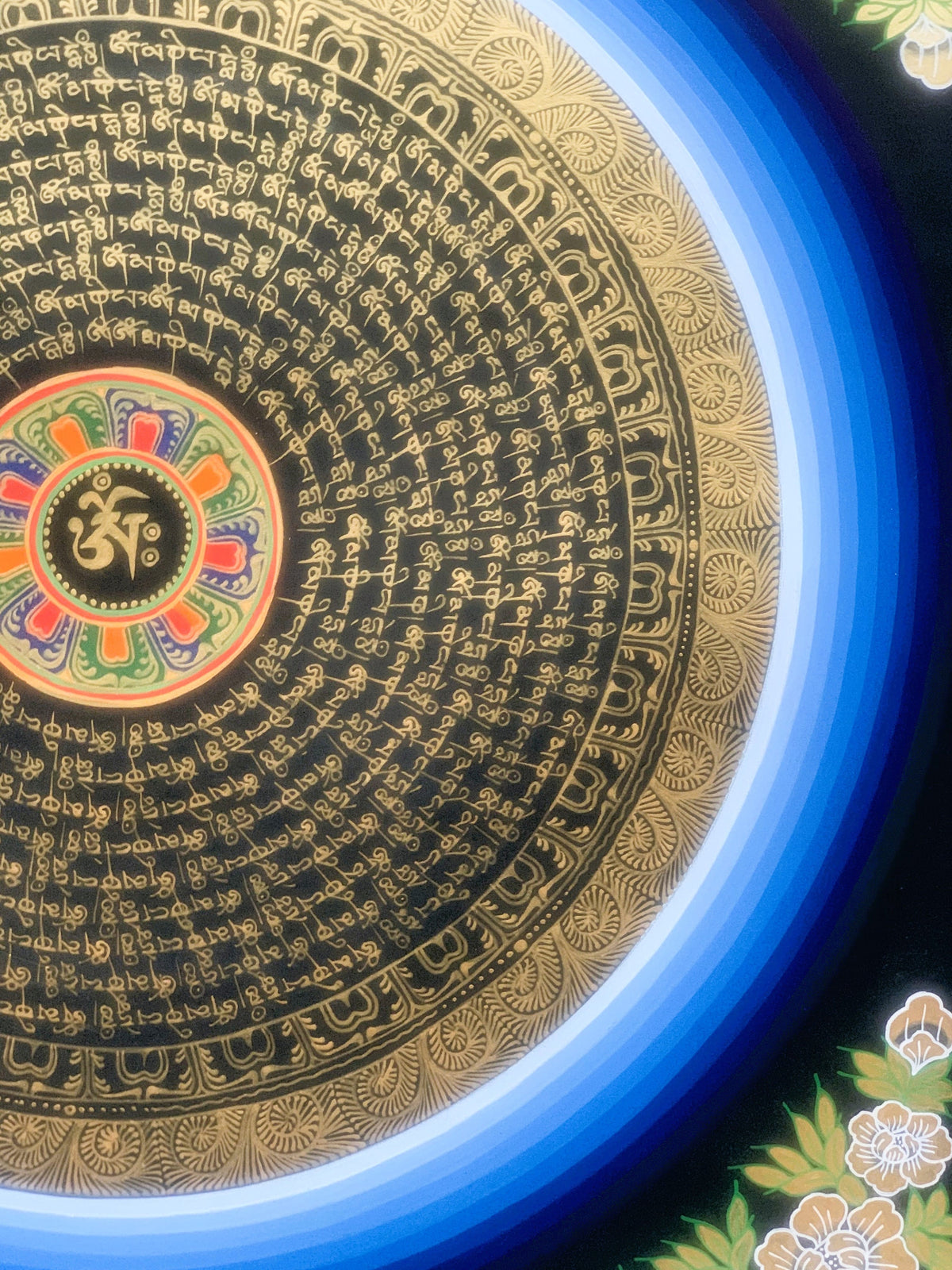 Hand Painted Rainbow Mantra Mandala Wheel of Time Black and Gold Tibetan Thangka Painting  Original Art/Wall Hanging