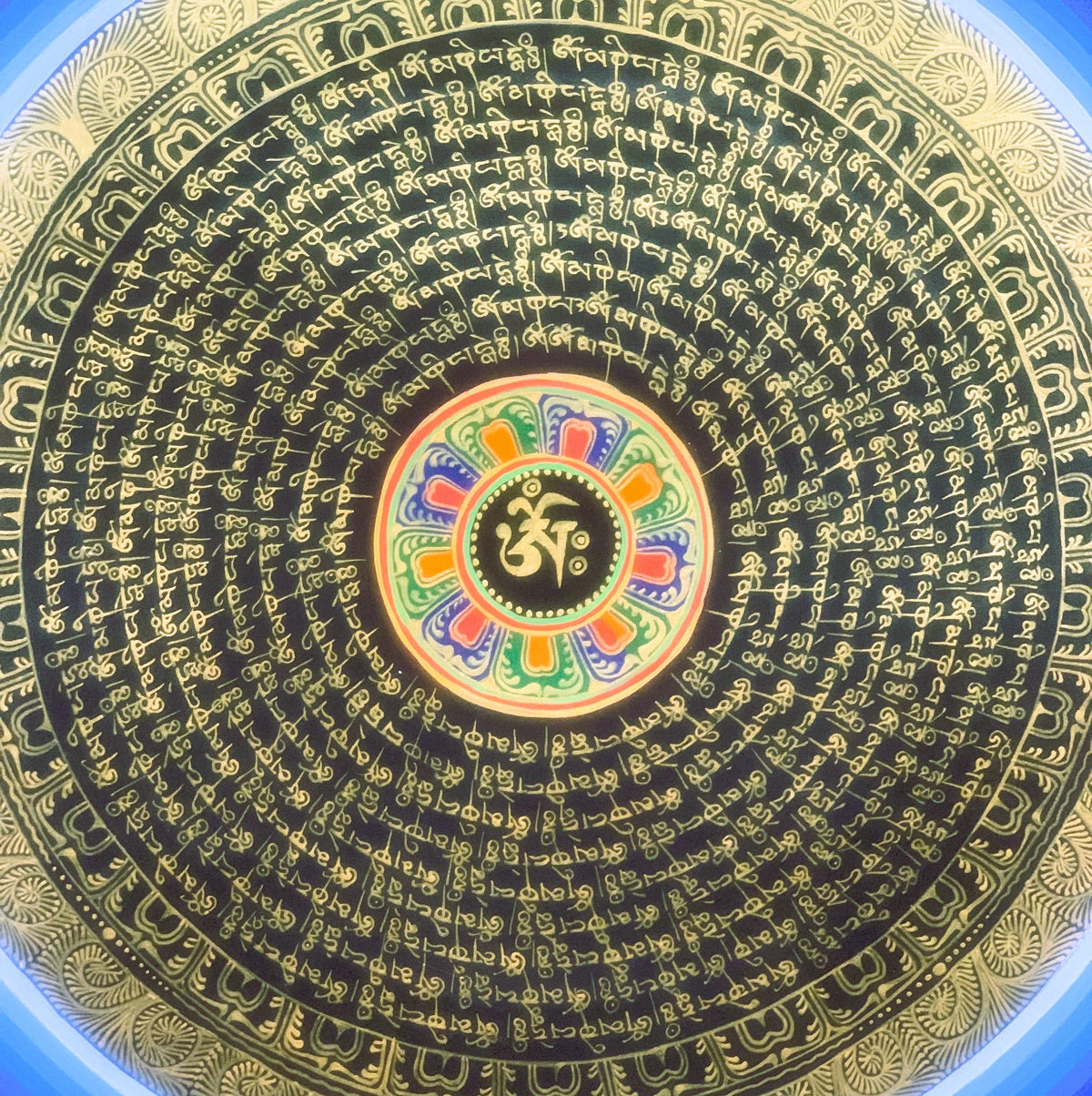 Hand Painted Rainbow Mantra Mandala Wheel of Time Black and Gold Tibetan Thangka Painting  Original Art/Wall Hanging