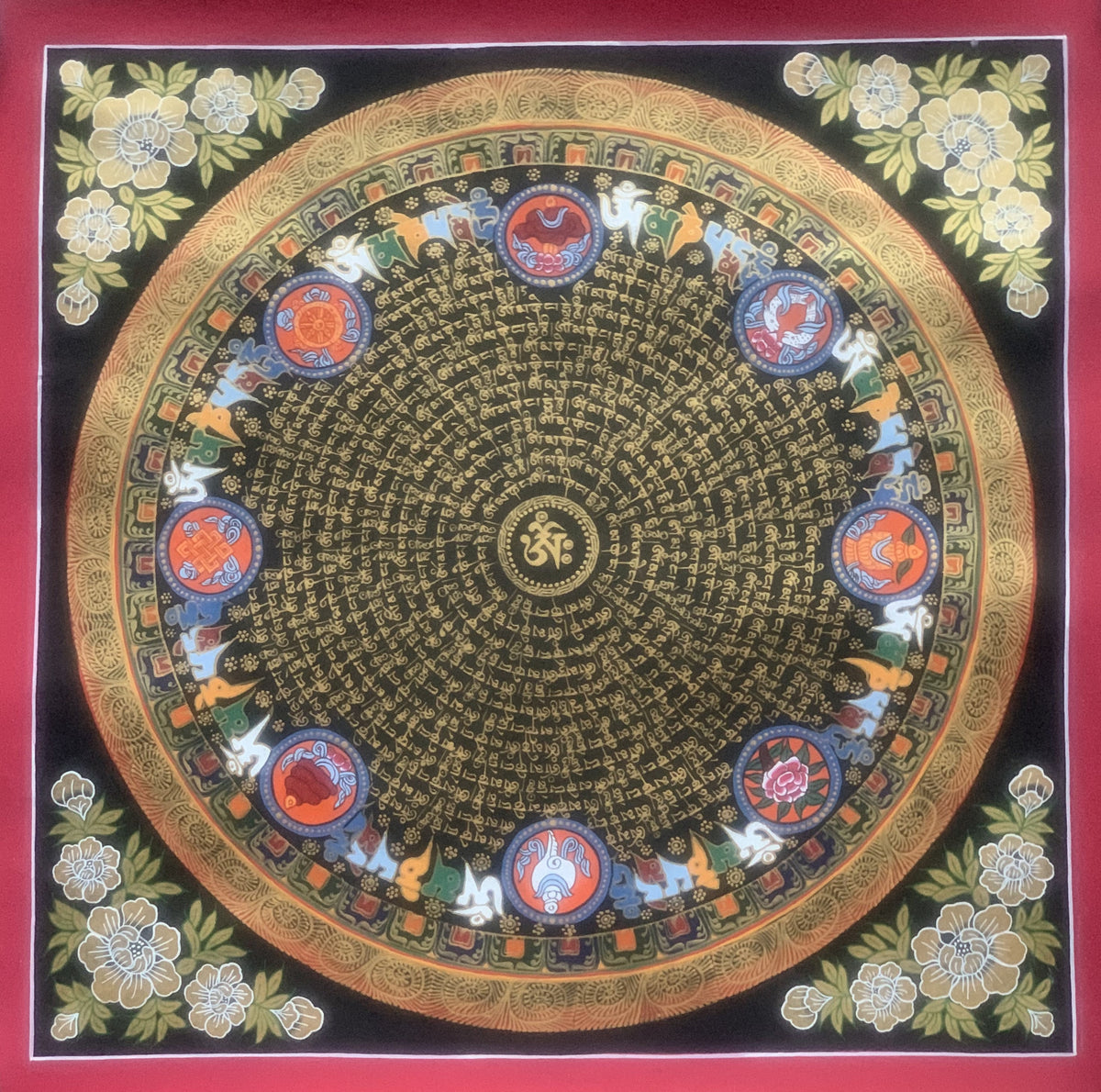 Hand Painted OM Mantra Mandala Wheel of Time Meditation Thangka Painting Original Art/ Wall Hanging
