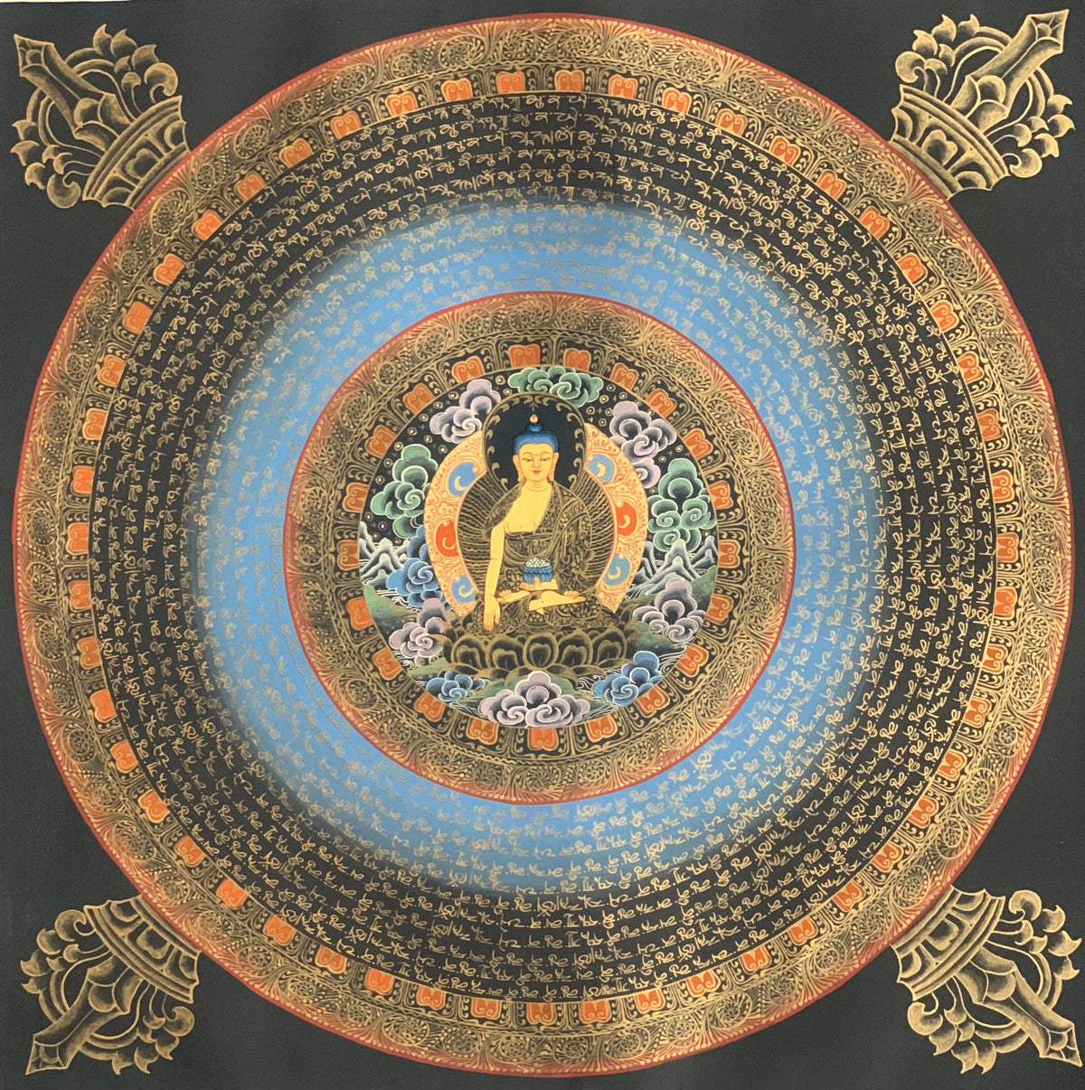 Hand-Painted Shakyamuni Buddha Thangka, Om Mantra Mandala Art