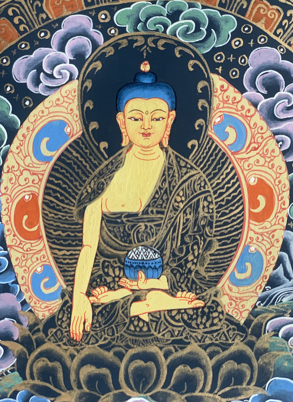 Hand-Painted Shakyamuni Buddha Thangka, Om Mantra Mandala Art