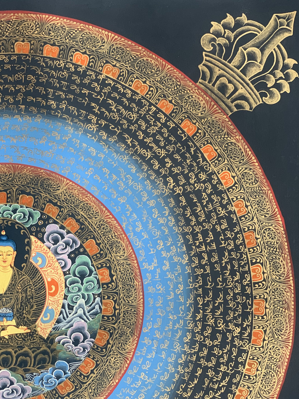 Hand-Painted Shakyamuni Buddha Thangka, Om Mantra Mandala Art