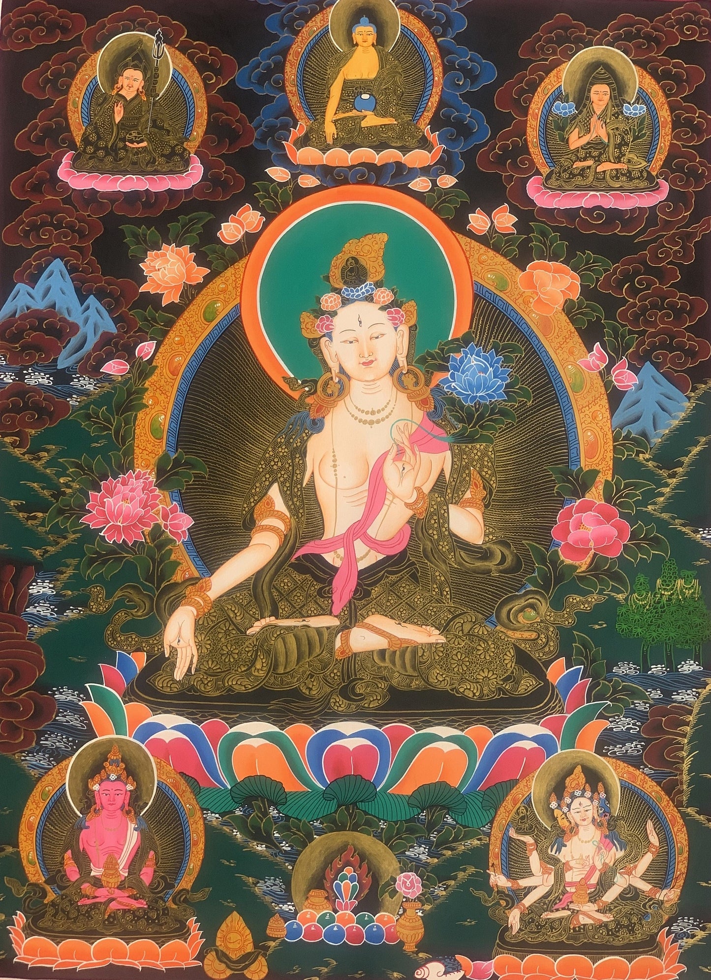 Hand-painted White Tara, Goddess of Compassion, Tibetan Thangka, Painting Art with Silk Border
