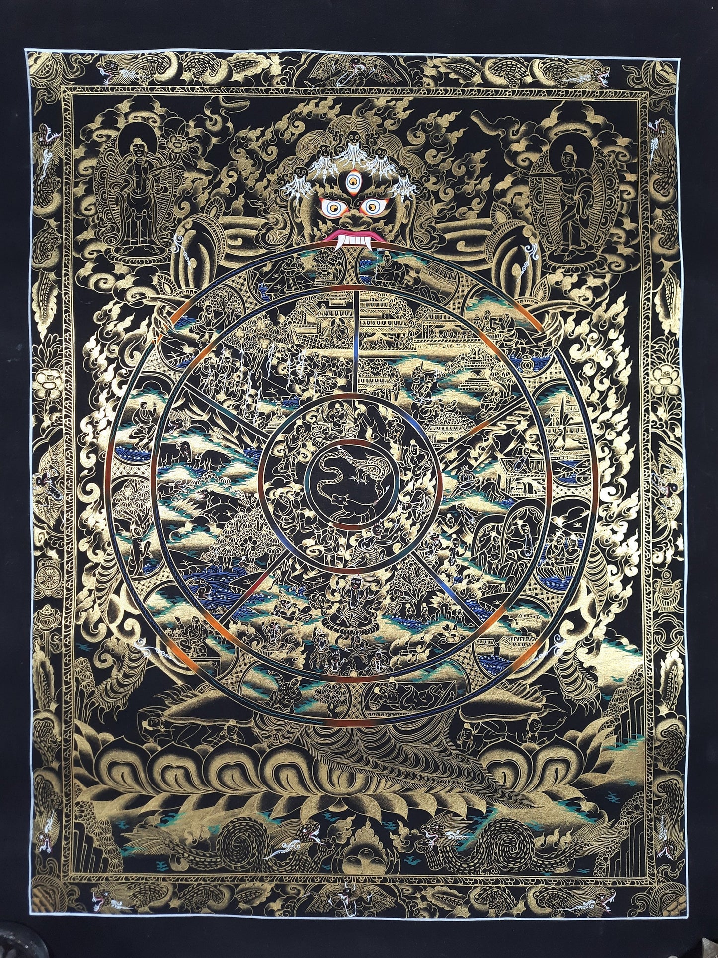 Hand-Painted Wheel of Life Thangka – Tibetan Mandala Wall Hanging