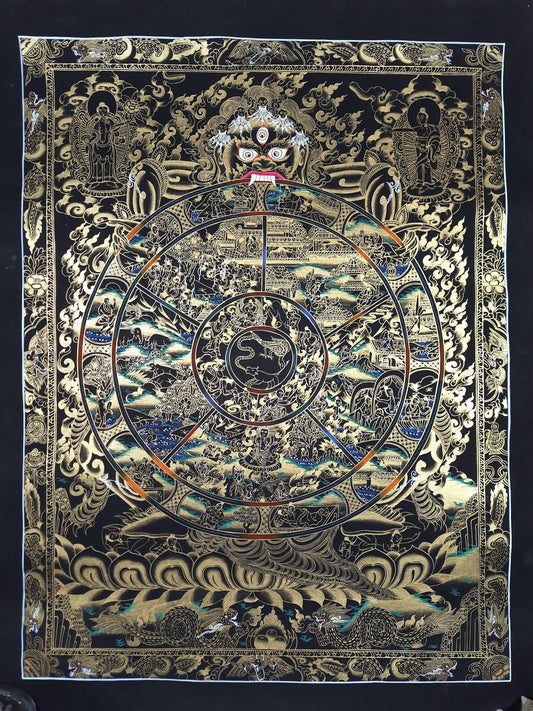 Hand-Painted Wheel of Life Thangka – Tibetan Mandala Wall Hanging