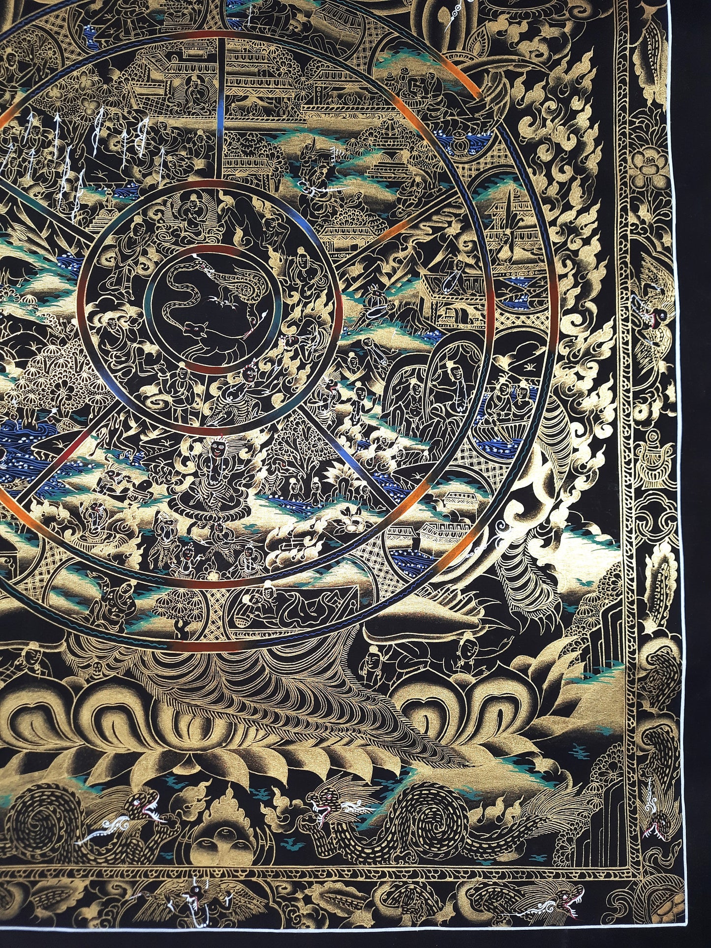 Hand-Painted Wheel of Life Thangka – Tibetan Mandala Wall Hanging