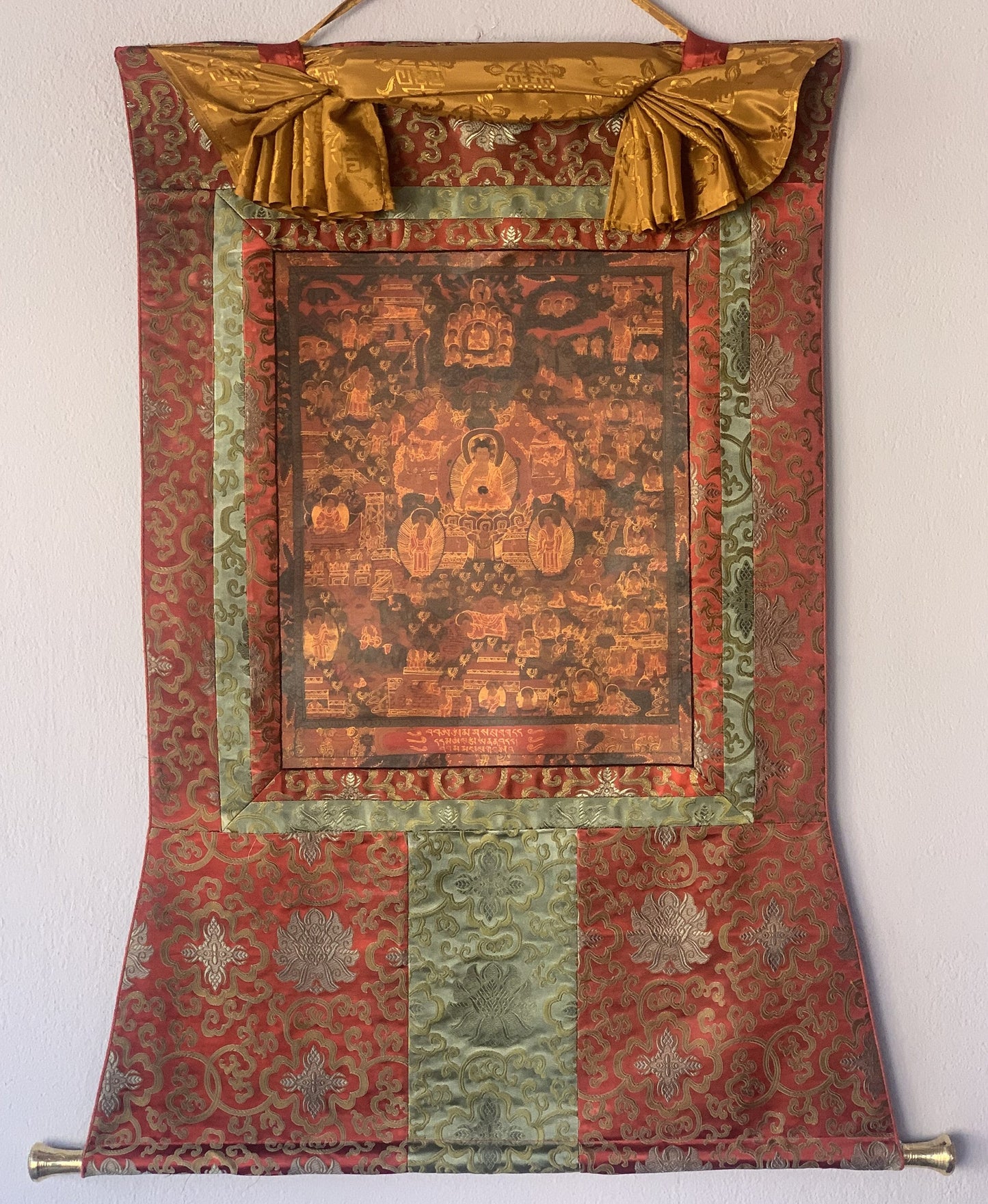 Life of Buddha Tibetan Thangka Painting | Hand Painted Oil-Varnished Mandala Art with Silk Brocade