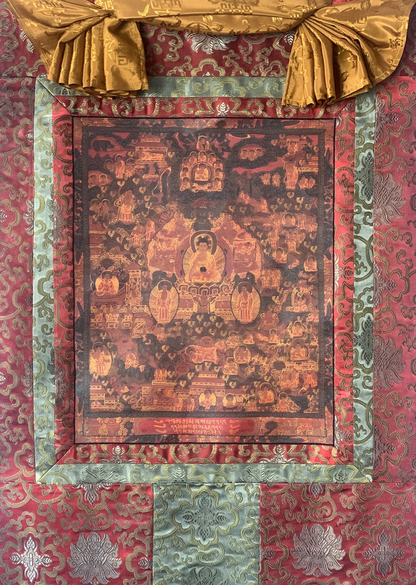 Life of Buddha Tibetan Thangka Painting | Hand Painted Oil-Varnished Mandala Art with Silk Brocade
