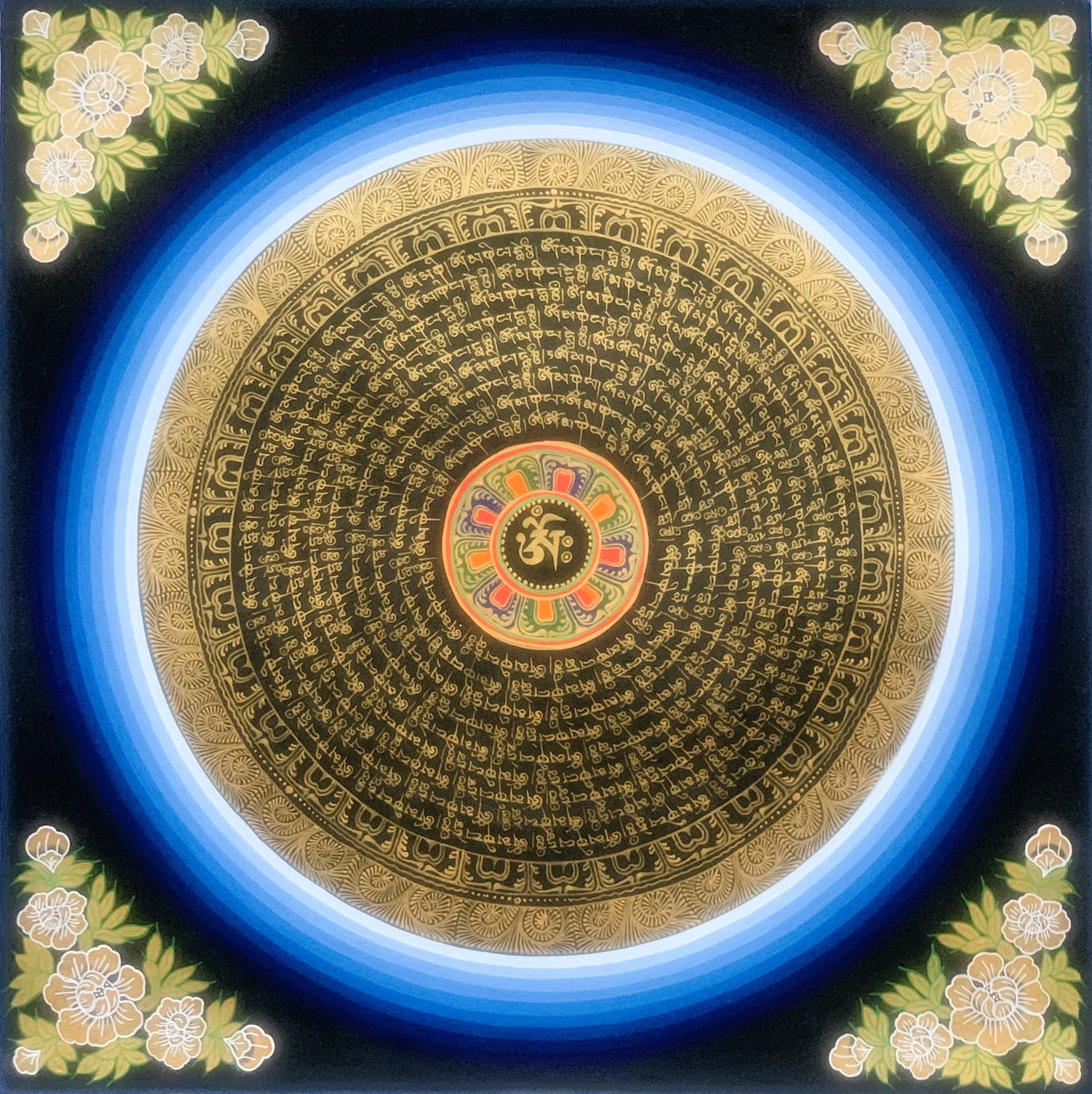 Hand Painted Rainbow Mantra Mandala Wheel of Time Black and Gold Tibetan Thangka Painting  Original Art/Wall Hanging