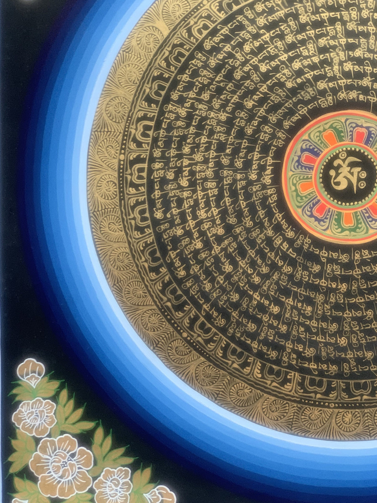 Hand Painted Rainbow Mantra Mandala Wheel of Time Black and Gold Tibetan Thangka Painting  Original Art/Wall Hanging