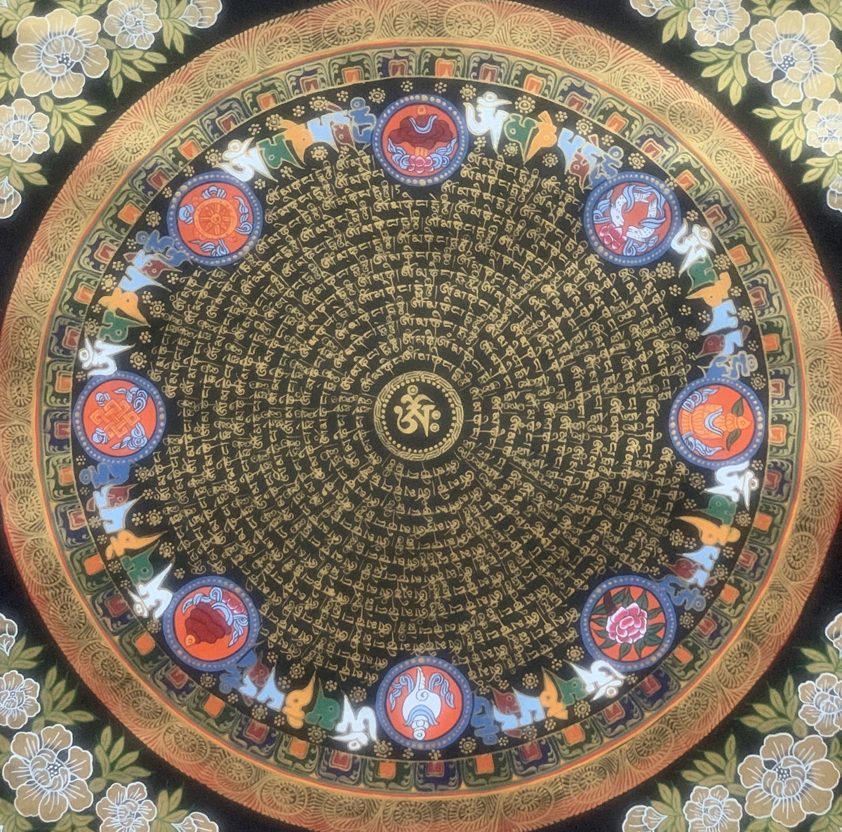 Hand Painted OM Mantra Mandala Wheel of Time Meditation Thangka Painting Original Art/ Wall Hanging