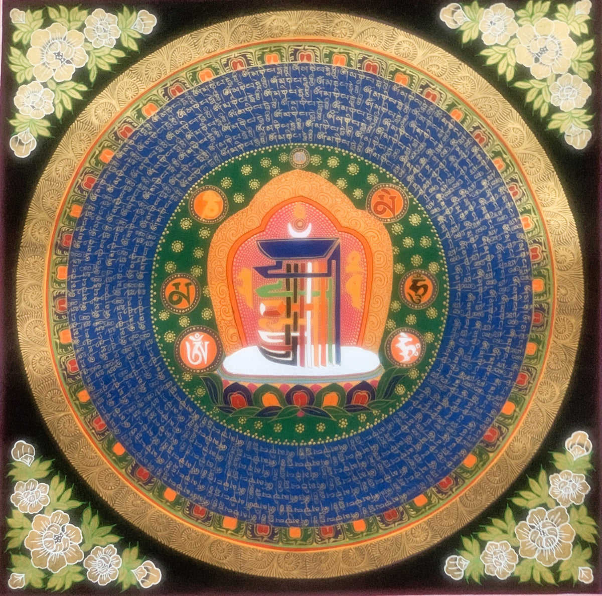 Hand Painted Sacred Symbol Kalachakra Wheel of Time Mantra Mandala Meditation Thangka Painting, Wall Hanging/Home Décor  Original Art