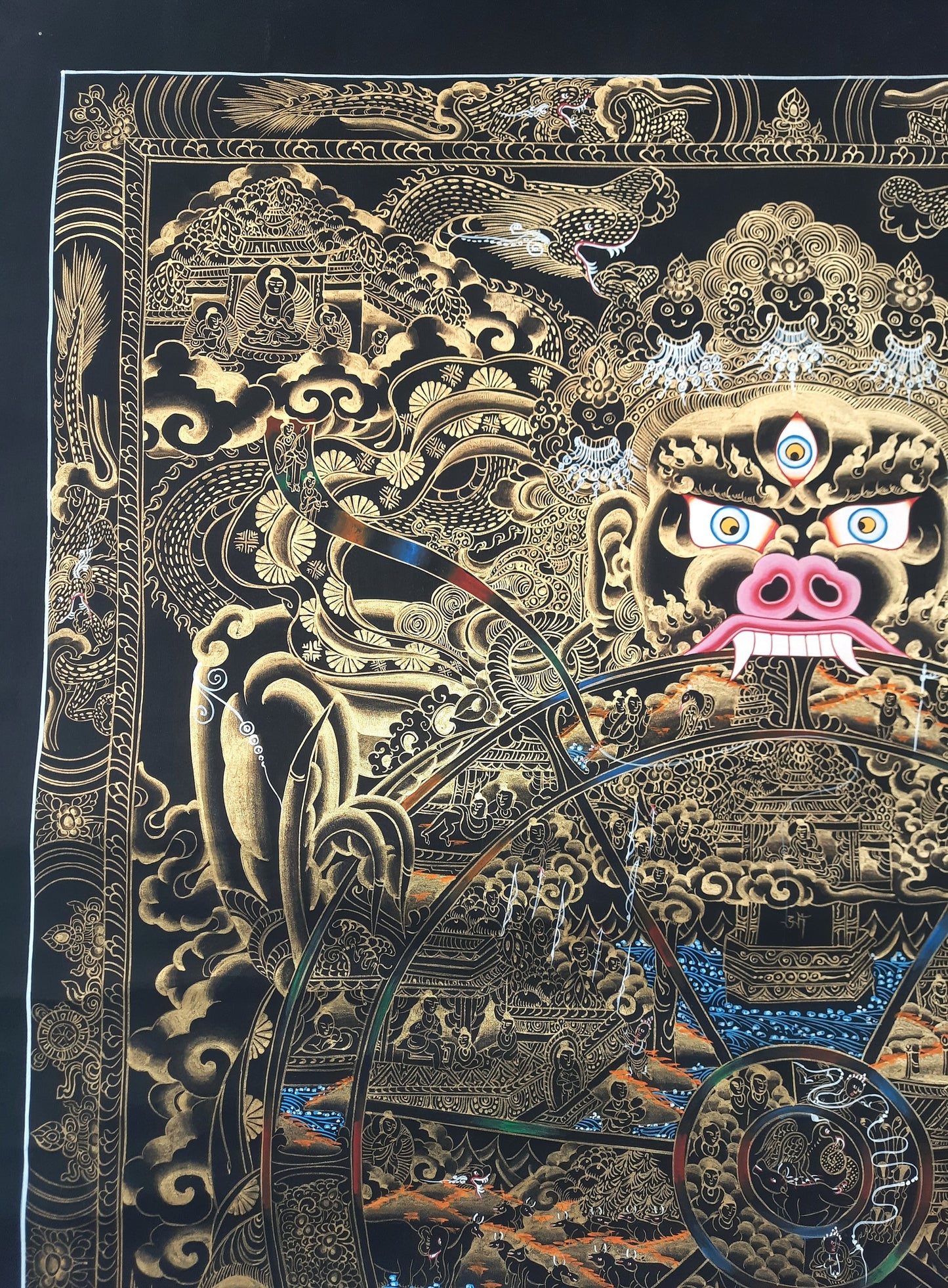 Hand Painted Wheel Of Life Mandala, Tibetan Thangka Painting, Black and Gold