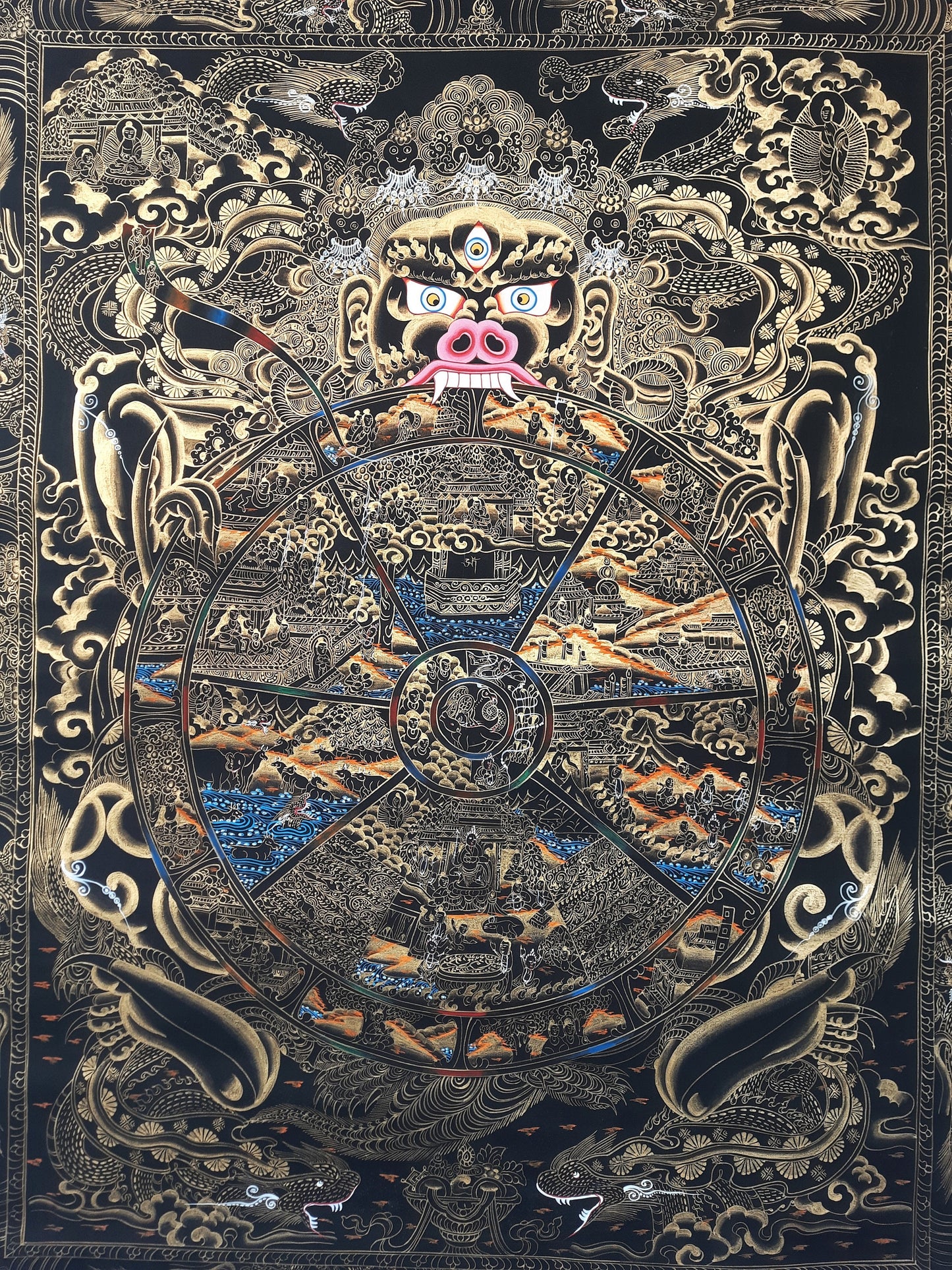 Hand Painted Wheel Of Life Mandala, Tibetan Thangka Painting, Black and Gold