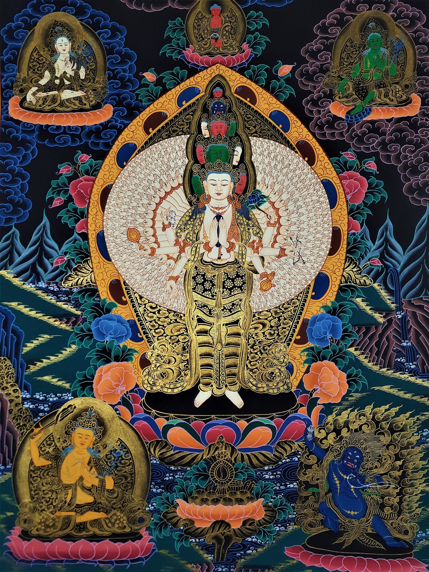 Hand Painted Avalokiteshvara Thangka: Tibetan Buddhist Art from Nepal