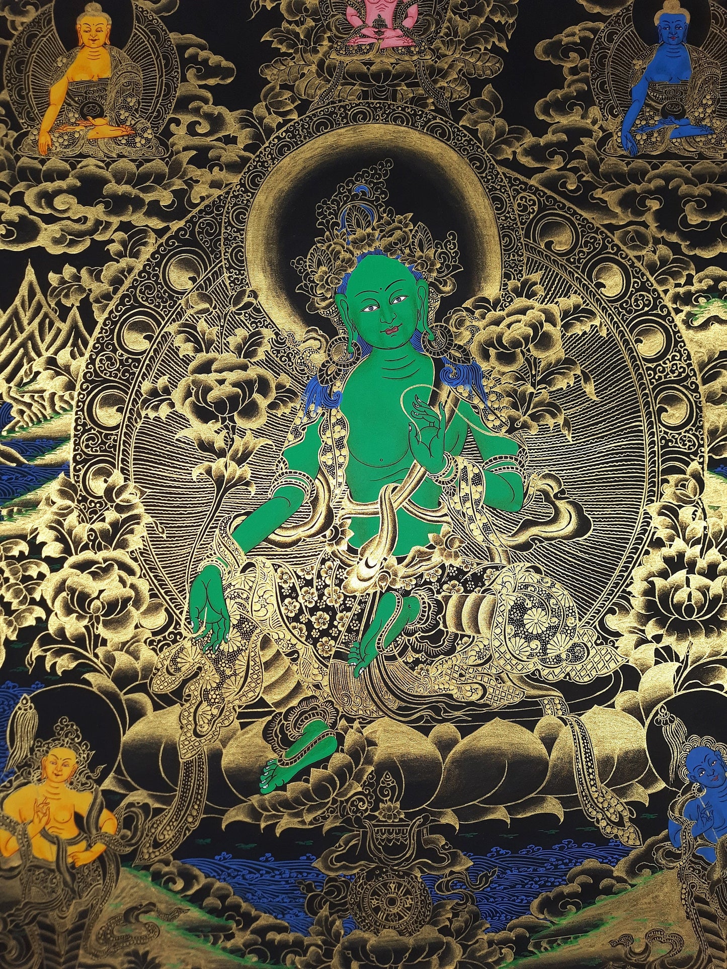 Hand painted Original Green Tara Masterpiece Painting Tibetan Wall hanging Thangka  / Thangka / Compassion Meditation