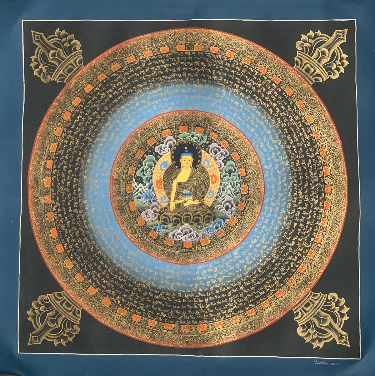 Hand-Painted Shakyamuni Buddha Thangka, Om Mantra Mandala Art