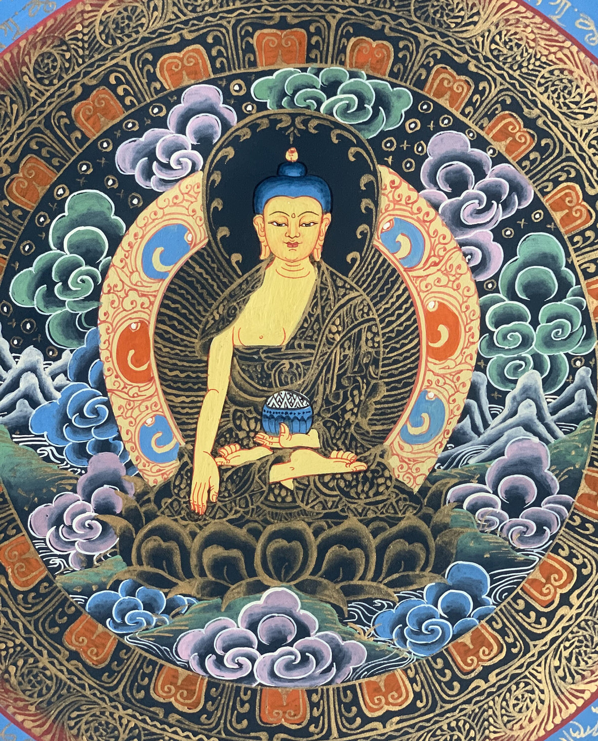 Hand-Painted Shakyamuni Buddha Thangka, Om Mantra Mandala Art